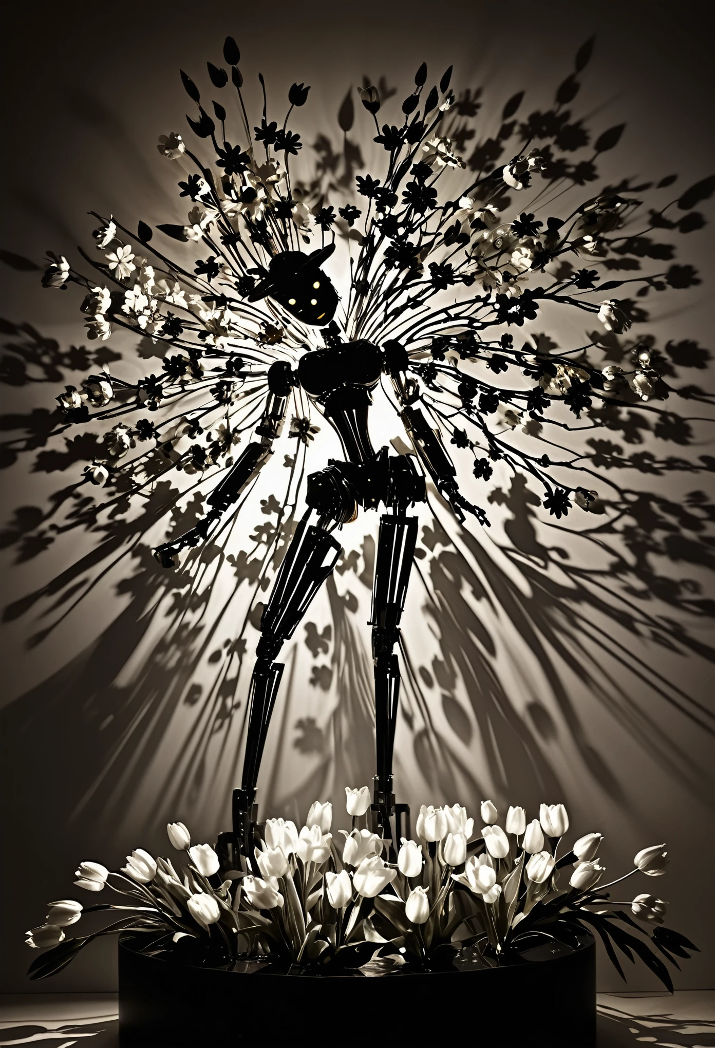 Shadow artwork style painting by Rashad Alakbarov depicting a female robot brimming with an eclectic mix of glowing flowers including tulips, daisies, and wildflowers, interspersed with delicate branches, positioned center stage under a powerful side spotlight casting its glow, and in the background emerges the ghostly shadow of an angel, all in soft black and white tones, shadows mingle with light, angelic presence unseen yet powerful