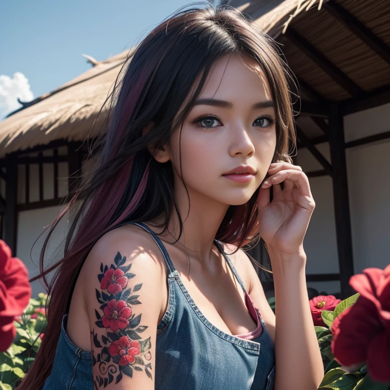 a tattooed girl sitting on a staircase looking at the city, fine and delicate woman, full body, realistic, pink pupils, beautiful eyes, long eyelashes, almond-shaped eyes, red makeup lips, punk style, intricate details, vivid details, detailed skin, detailed body, vivid colors, bokeh, long colorful hair, colorful hair, detailed skin, listening to music, cute figure. sitting. sensual legs curvy, seductive body. 1 girl, dinamic pose.