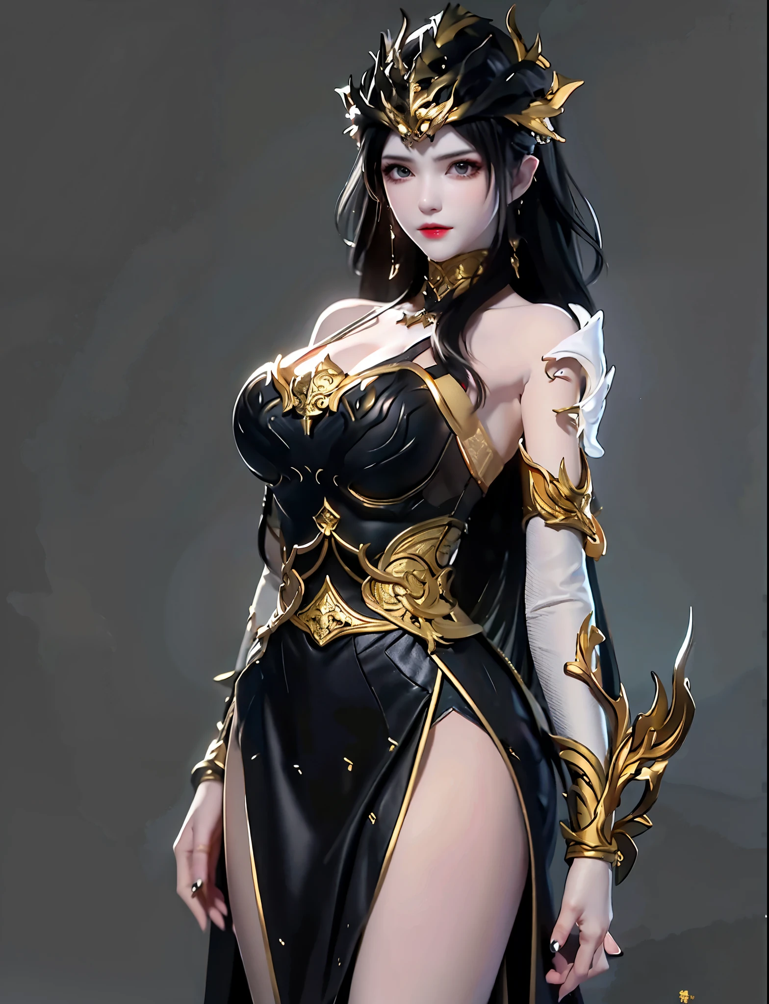 Excellent, masterpiece, black hair,Black and gold color， Black dress, , whole body, Black long hair, White skin, Dissemination, Black gold theme, skirt, conservative skirt，Golden Armor，Scapula，Waist armor，Metal armor gloves，Hand blade，Gold headdress。