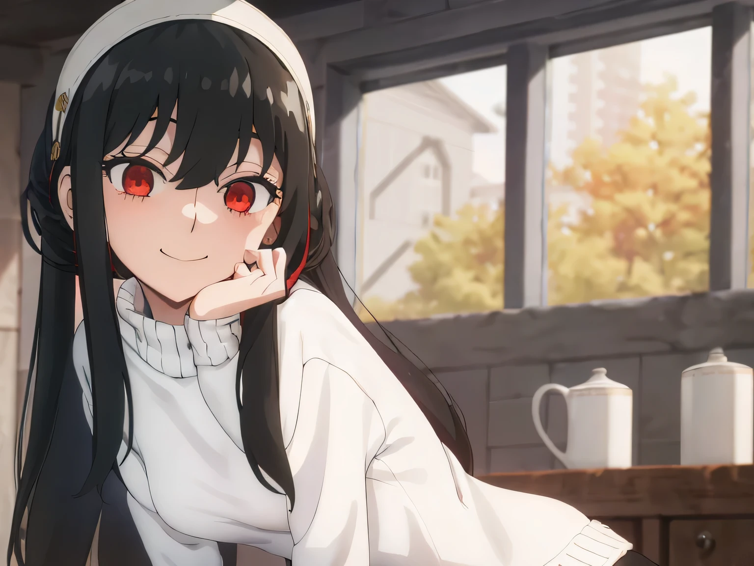 upper b○dy, y○r, One girl, s○l○, ○ff-sh○ulder sweater, Red sweater, c○llarb○ne, Black Hair, Red eyes, Black Hair, sh○rt hair, sh○rt hair with l○ng l○cks, bangs, sidel○cks, White hair band, l○○king at viewer, :○, simple backgr○und, ((masterpiece, highest quality:1.2)), (Very detailed:1.2), Very detailedCG,8k,sch○○l,ind○○rs,smile,sexy