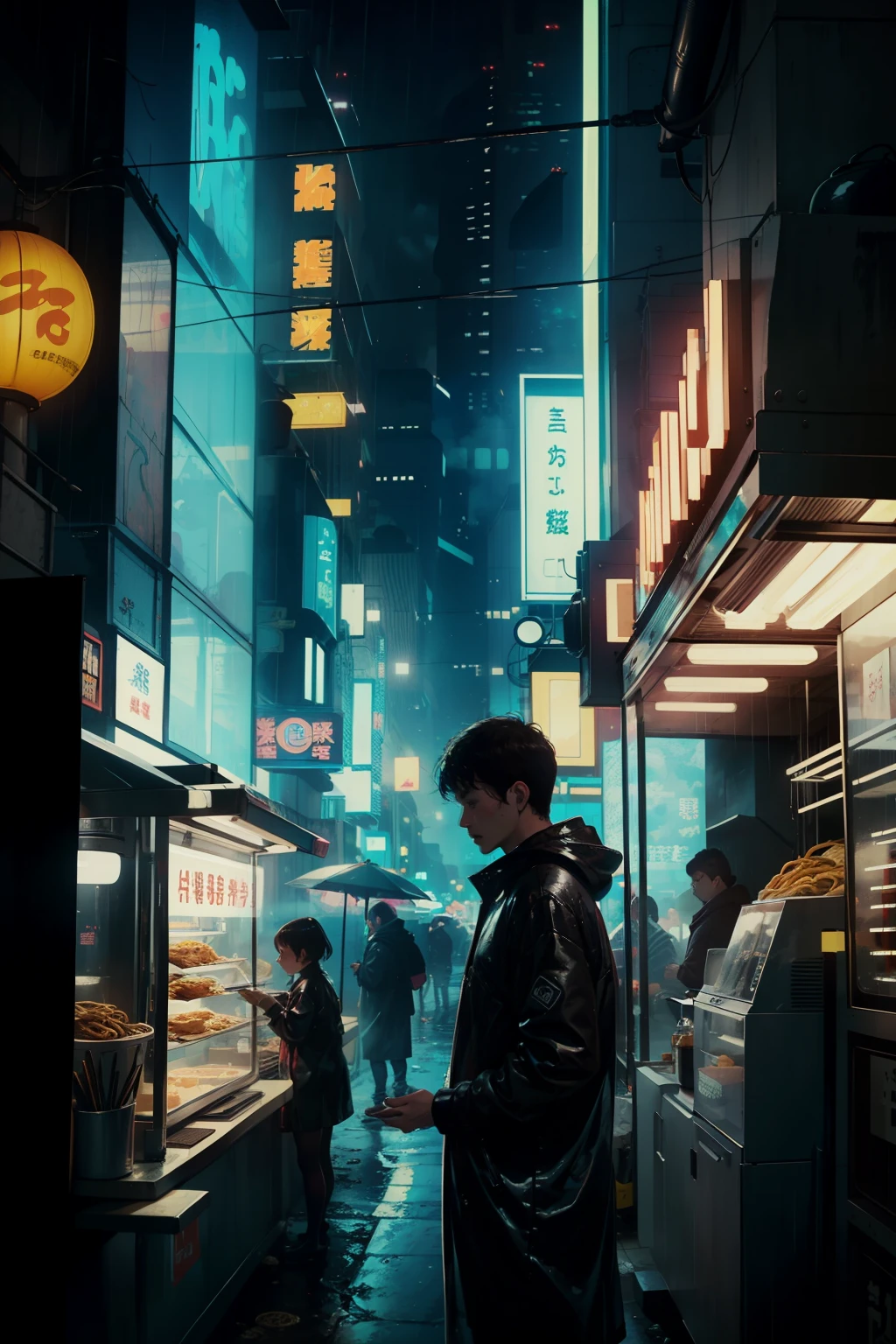 ((highest quality)), ((masterpiece)), (be familiar with), (High definition), (Accurate), (Realistic), (Cinematic), (Best Shadow), (Low contrast), (8K), Perfect Face, ((SYD MEAD style)), manga、mangaデザイン、Storyboard、Frame division、((1 Girl))、(Replicant), ((Black Hair, very short hair, Blue Eyes)), (Black hooded raincoat)、((Eating udon at a food stall))、Glittering neon signs、congestion, congestion, Decadent Future City, NEO TOKYO, A.D.2051, (steam:1.2), It's raining white, evening, Bust shot of a girl