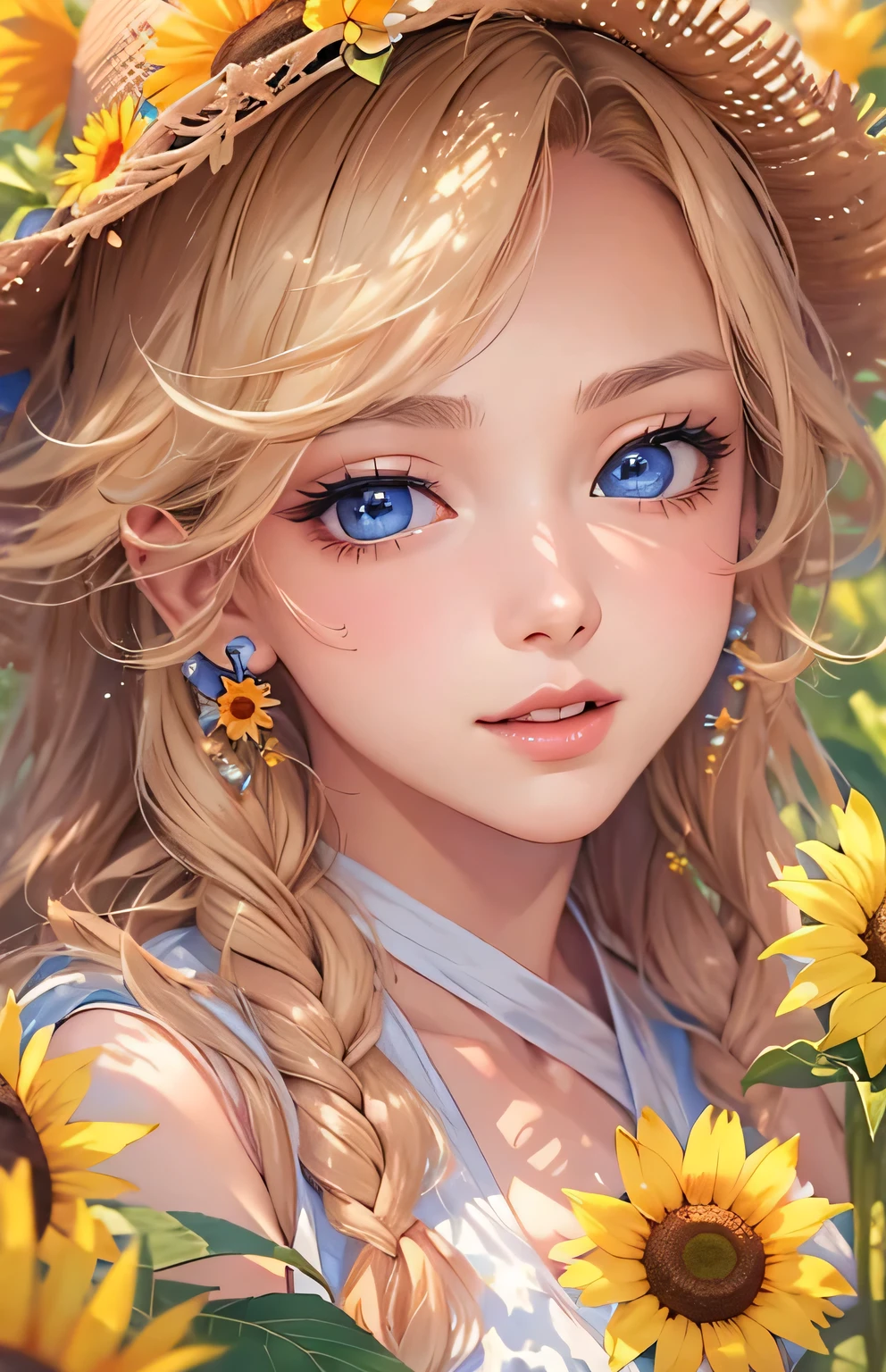 masterpiece、highest quality、High resolution、High-quality images、8k, 1 female、Skin Radiance、Texture of skin and clothing、Expression of fine eyes、Shiny light golden hair,Girl with long braided hair, Manga inspired by Lee Jong-suk, Trending on deviantart, realism, detailed manga style, Manga art style, Perfect Line Drawing, Beautiful line art, digital manga art girl, K-POPアイドル, one piece,Large Breasts,Beautiful blue eyes, Lips become thicker, Gorgeous face with attention to detail, (Cute Smile), charm, Innocent, Side view, (Perfectly detailed face), (Beautiful Hands) Photorealistic images, Written boundary depth, Princess Hairstyles, sunflower ，Straw hat , one piece, Wonderful sunflower ，Beautiful sunflower ，Romanticism,
