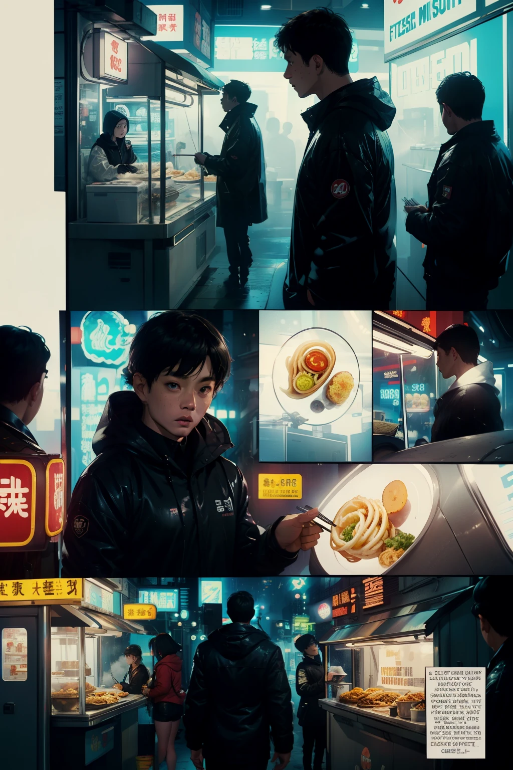 ((highest quality)), ((masterpiece)), (be familiar with), (High definition), (Accurate), (Realistic), (Cinematic), (Best Shadow), (Low contrast), (8K), Perfect Face, ((SYD MEAD style)), manga、mangaデザイン、Storyboard、Frame division、((1 Girl))、(Replicant), ((Black Hair, very short hair, Blue Eyes)), (Black hooded raincoat)、((Eating udon at a food stall))、Glittering neon signs、congestion, congestion, Decadent Future City, NEO TOKYO, A.D.2051, (steam:1.2), It's raining white, evening, Bust shot of a girl