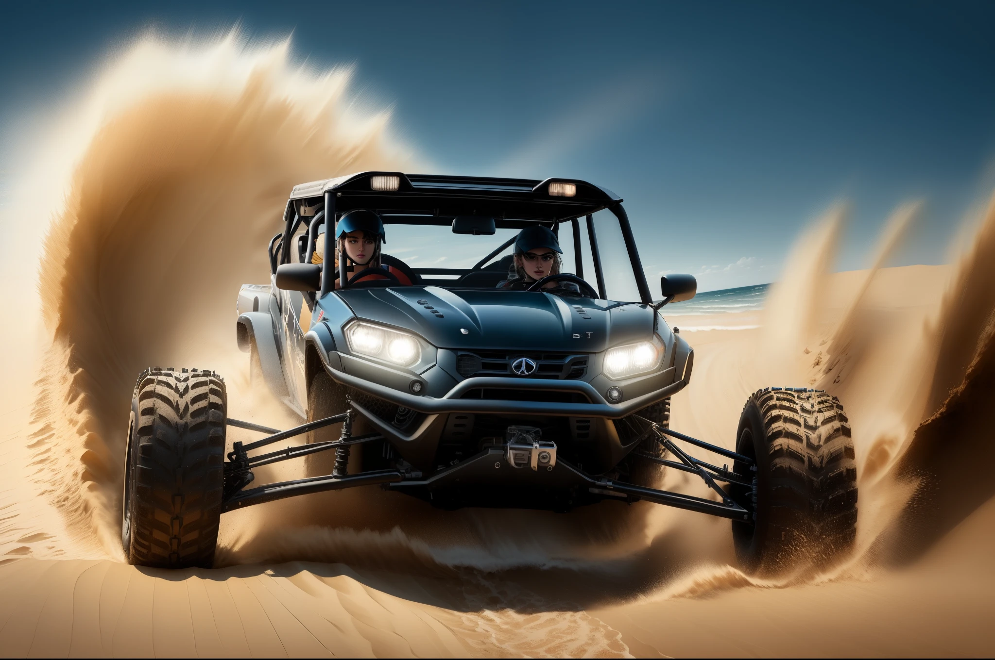 ((best quality)), ((masterpiece)), (detailed), realistic, a close up of a person driving a black utv in the beach with water in background at night, buggy, dune, mixed art, racing dune buggy with light bar on roof lit up, photos, sand, dynamic angled shot, high speed action, off - road, intense look, video, vehicle, dynamic action shot, off-roading, action shot,