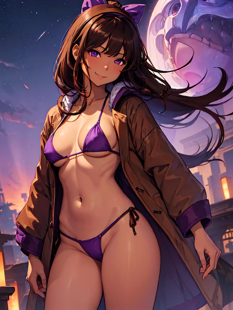 (masterpiece、top-quality、hight resolution)、((((((brown skin))))))、evil smile、((prostitute、string bikini、open purple coat、Sex Appeal、inviting))、nsfw、purple hair band、purple ribbon、upper body、((Night))、stand,open legs
