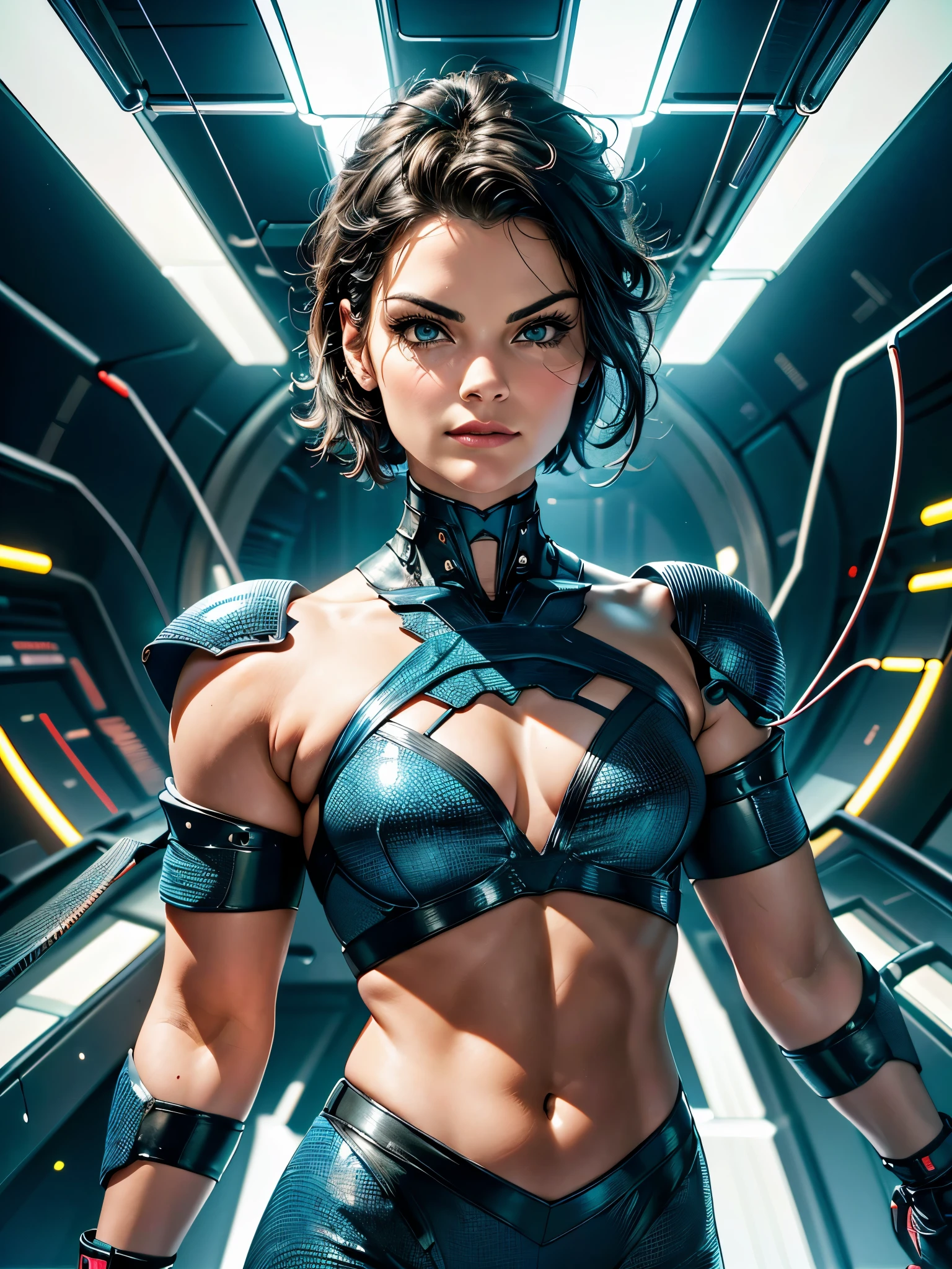 (extremamente detalhado, obra prima, melhor qualidade, 8 K), intense illumination, Jaimie Alexander, 25 anos, Corpo perfeito, fitness, cabelos longos, Lingerie Branca, nova dentro de uma armadura cyberpunk, segurando uma arma futuristica gigantesca, neon lights, Cabos, Ambiente industrial. Armamento pesado. Cables attached to the arms