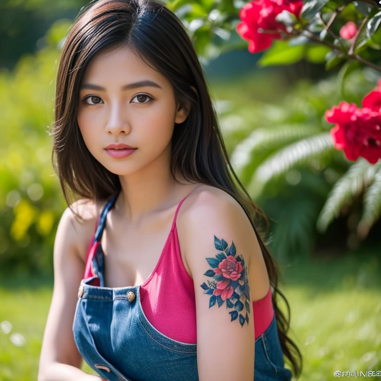 ((best quality, 8k,, Clear face focus :, Wear a short, cropped jean jacket. Tank top, dark pink, dark red, blue Dark pink tank top, dark red, dark blue, white with dark black. ,) Long hair blows up in the wind.,) White tattoo 25 years.Big breasts bouncing and overflowing.,) perfect body beauty:1.4. In front of the camera. More intimate. clearer than this, There is an old, thatched hut.,) There are red flowers around.,) The sunlight shines in the evening.,) Full Body°, Highly detailed faces and textures, Detailed eyes, alone, Realistic photos:1.37 .. The fine texture of the tattooed skin.. hand tattoo. breasts tattoo , Shot with a high quality Fuji camera., Color light 45.,000,000 pixels ,)) Too realistic,)