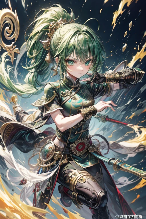 (masterpiece, best quality), 1boy, (anime), short green hair, ponytail, jade and gold chinese armor, wielding a jade and gold glaive, gold and jade mask, 