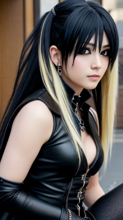 1 female Visual Kei, Ultra detailed face and eyes, pretty face, Hyperrealistic, realistic representation, 40 years old, wearing black Visual Kai clothes, she wears boots, hairstyle: Visual Kei, blonde hair, black hair, goes through a city