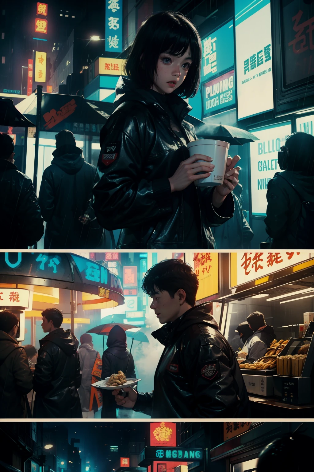 ((highest quality)), ((masterpiece)), (be familiar with), (High definition), (Accurate), (Realistic), (Cinematic), (Best Shadow), (Low contrast), (8K), Perfect Face, ((SYD MEAD style)), manga、mangaデザイン、Storyboard、Frame division、((1 Girl))、(Replicant), ((Black Hair, very short hair, Blue Eyes)), (Black hooded raincoat)、((Eating udon at a food stall))、Glittering neon signs、congestion, congestion, Decadent Future City, NEO TOKYO, A.D.2051, (steam:1.2), It's raining white, evening, Bust shot of a girl