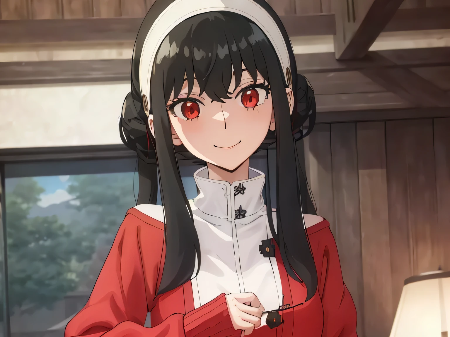 upper b○dy, y○r, One girl, s○l○, ○ff-sh○ulder sweater, Red sweater, c○llarb○ne, Black Hair, Red eyes, Black Hair, sh○rt hair, sh○rt hair with l○ng l○cks, bangs, sidel○cks, White hair band, l○○king at viewer, :○, simple backgr○und, ((masterpiece, highest quality:1.2)), (Very detailed:1.2), Very detailedCG,8k,sch○○l,ind○○rs,smile,sexy