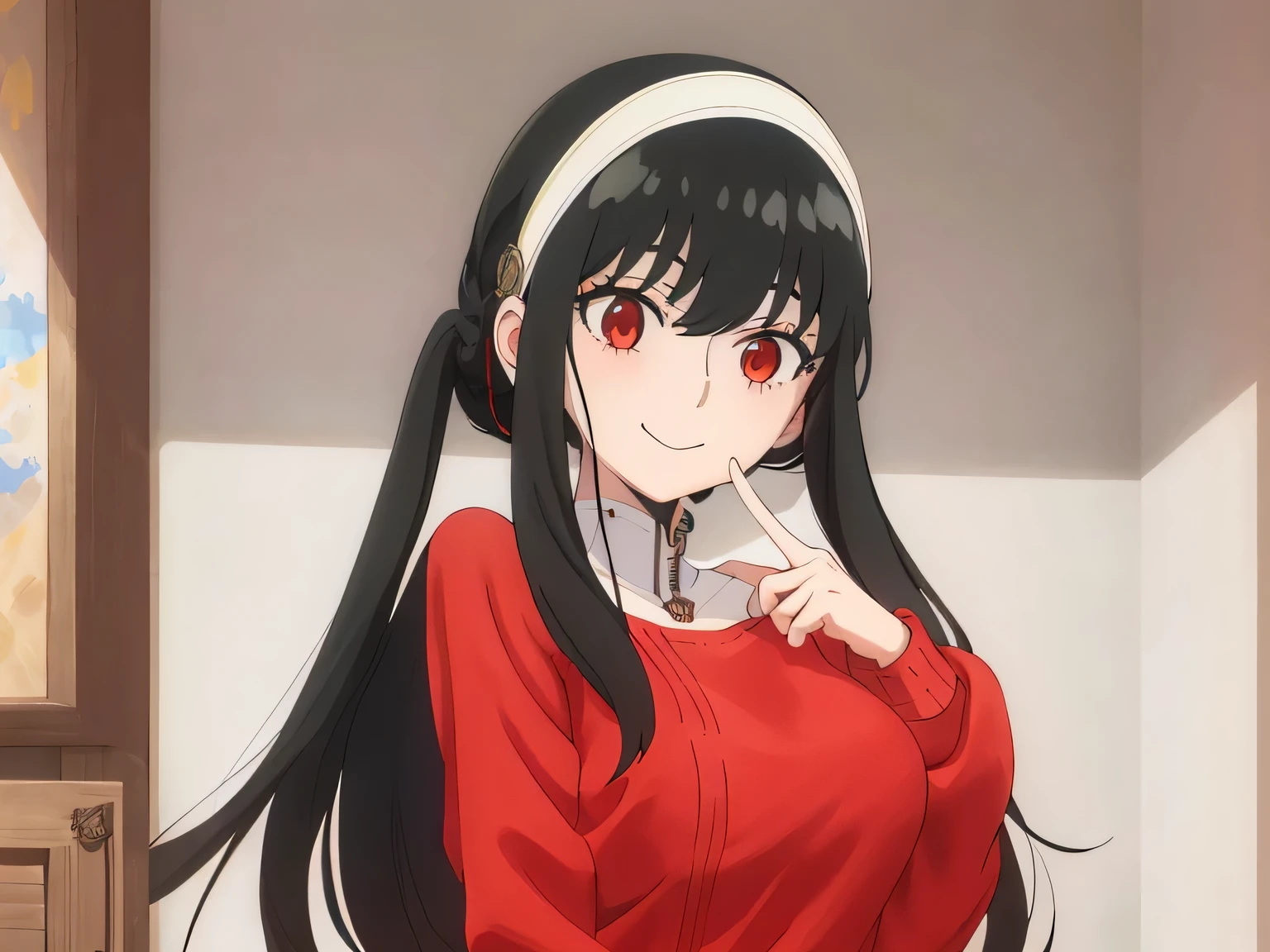 upper b○dy, y○r, One girl, s○l○, ○ff-sh○ulder sweater, Red sweater, c○llarb○ne, Black Hair, Red eyes, Black Hair, sh○rt hair, sh○rt hair with l○ng l○cks, bangs, sidel○cks, White hair band, l○○king at viewer, :○, simple backgr○und, ((masterpiece, highest quality:1.2)), (Very detailed:1.2), Very detailedCG,8k,sch○○l,ind○○rs,smile,sexy