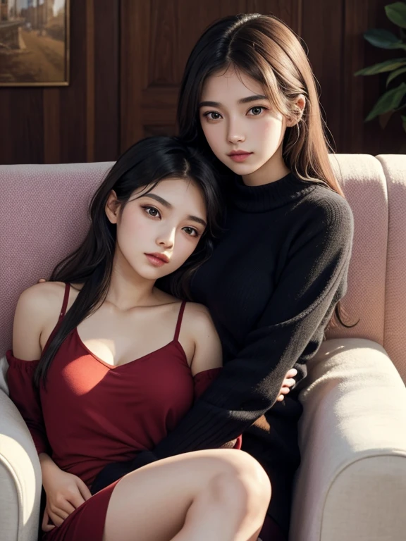 two women posing for a picture in a room with a couch, 8k selfie photograph, nixeu and sakimichan, with ivy, exclusive, 🤬 🤮 💕 🎀, ruan jia and artgerm, 8k)), ssao 8 k, sha xi, yanjun chengt, 🔞🤡, ruan jia beautiful!