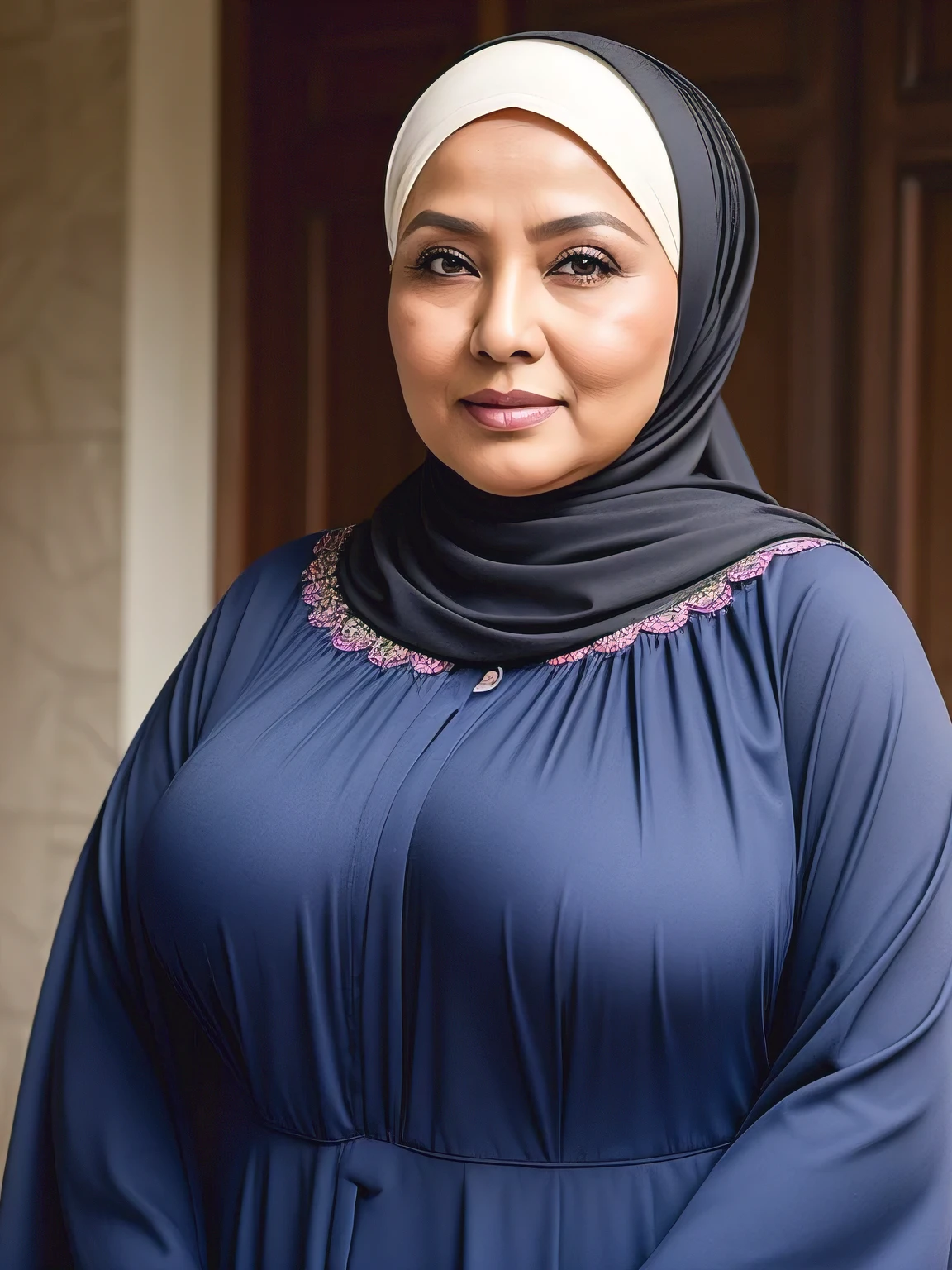 (Realistic) ((Hijab)) (real mature face) 68 Years old fat Brunei mature woman, sexy curvy, (sexy chubby body shape), Big  : 34.9, Gamis, (Breast about To burst out from her clothes, wide cleavage), professional photography with excellent lighting