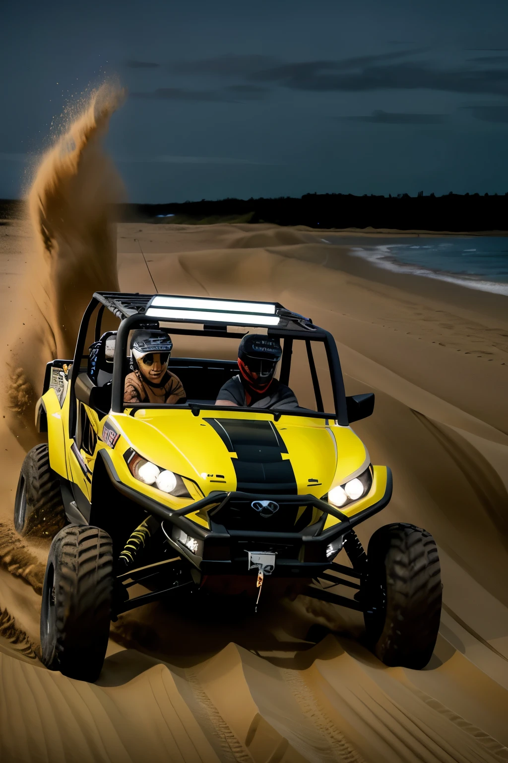 ((best quality)), ((masterpiece)), (detailed), realistic, a close up of a person driving a black utv in the beach with water in background at night, buggy, dune, mixed art, racing dune buggy with light bar on roof lit up, photos, sand, dynamic angled shot, high speed action, off - road, intense look, video, vehicle, dynamic action shot, off-roading, action shot,