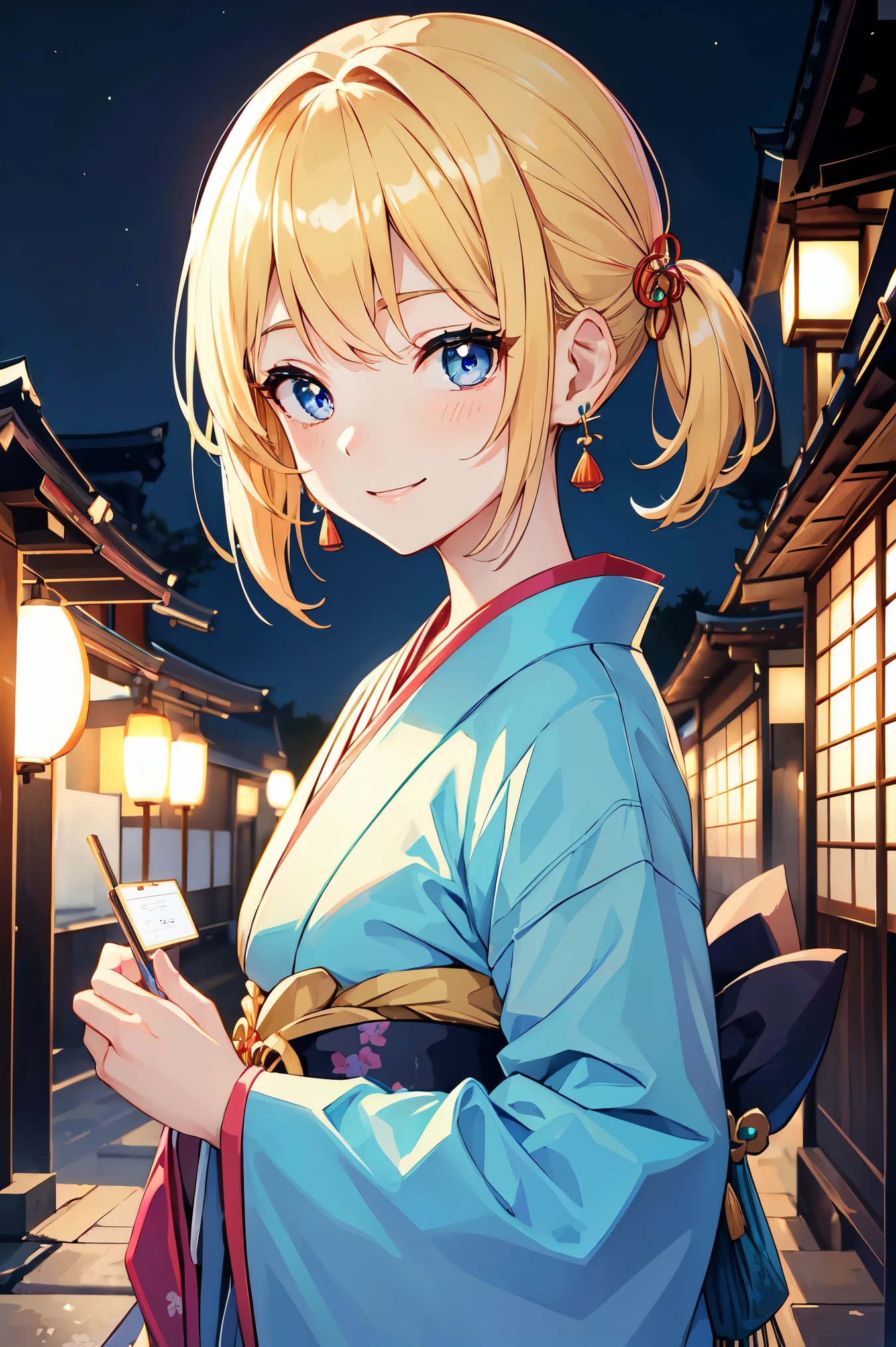 Absurd, Ultra-detailed,Bright colors, Very beautiful and detailed anime faces and eyes, View from the front, ;is, Shiny_skin,Age 25, short hair, , Asymmetrical bangs, Blonde hair in short pigtails, Shiny髪, iselicate beautiful face, blush、blue eyes, White skin, Barrette, (Recall:1.3)、(Smile:1.3)、Shiny髪、Small earrings、Small Necklace、Brightly colored kimonos、(Kyoto at Night:1.4)