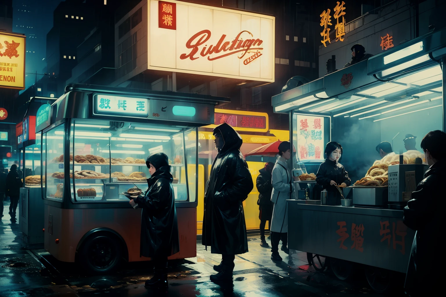 ((highest quality)), ((masterpiece)), (be familiar with), (High definition), (Accurate), (Realistic), (Cinematic), (Best Shadow), (Low contrast), (8K), Perfect Face, ((SYD MEAD style)), manga、mangaデザイン、Storyboard、Frame division、((1 Girl))、(Replicant), ((Black Hair, very short hair, Blue Eyes)), (Black hooded raincoat)、((Eating udon at a food stall))、Glittering neon signs、congestion, congestion, Decadent Future City, NEO TOKYO, A.D.2051, (steam:1.2), It's raining white, evening, Bust shot of a girl