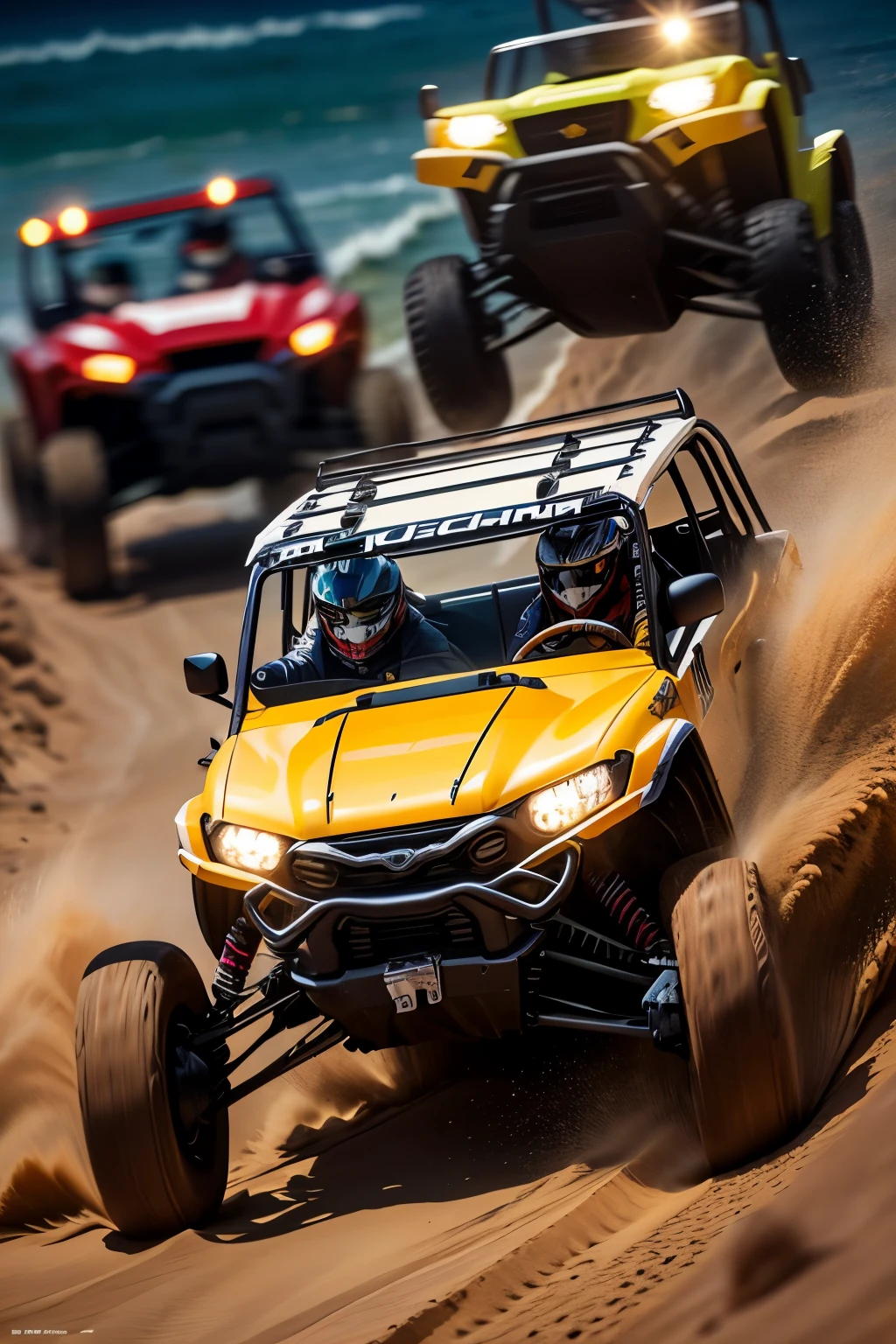 ((best quality)), ((masterpiece)), (detailed), ultra realistic action photography, a close up of a person driving a black utv in the beach with water in background at night, buggy, dune, mixed art, racing dune buggy with light bar on roof lit up, photos, sand, dynamic angled shot, high speed action, off - road, intense look, video, vehicle, dynamic action shot, off-roading, action shot,