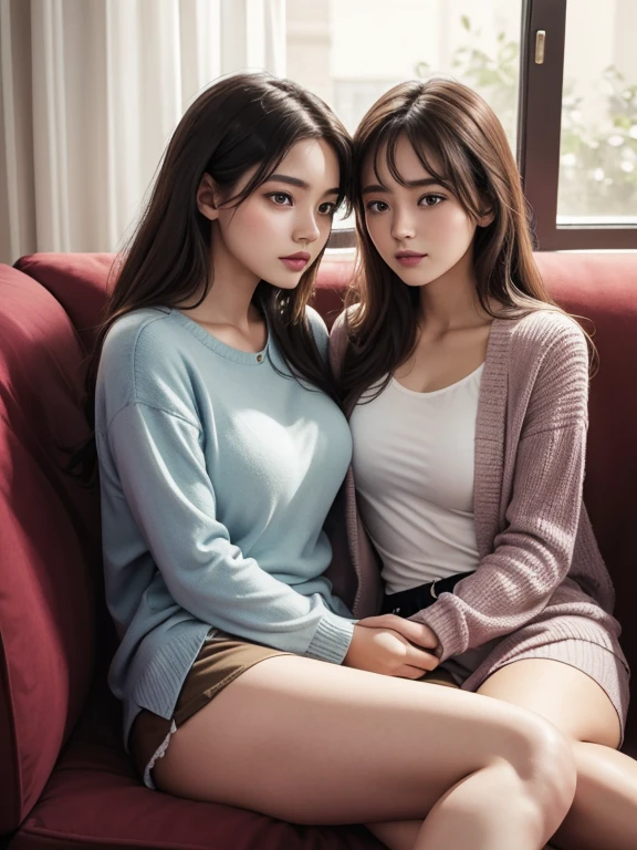 2 intimated young ladies, 25 years old, wearing loosen clothes, looking at each other cuddling on sofa