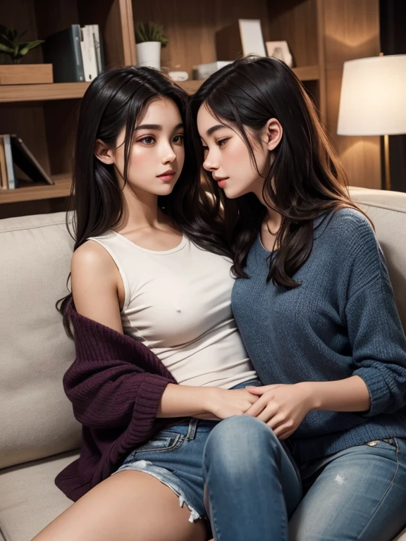 2 intimated young ladies, 25 years old, wearing loosen clothes, looking at each other cuddling on sofa