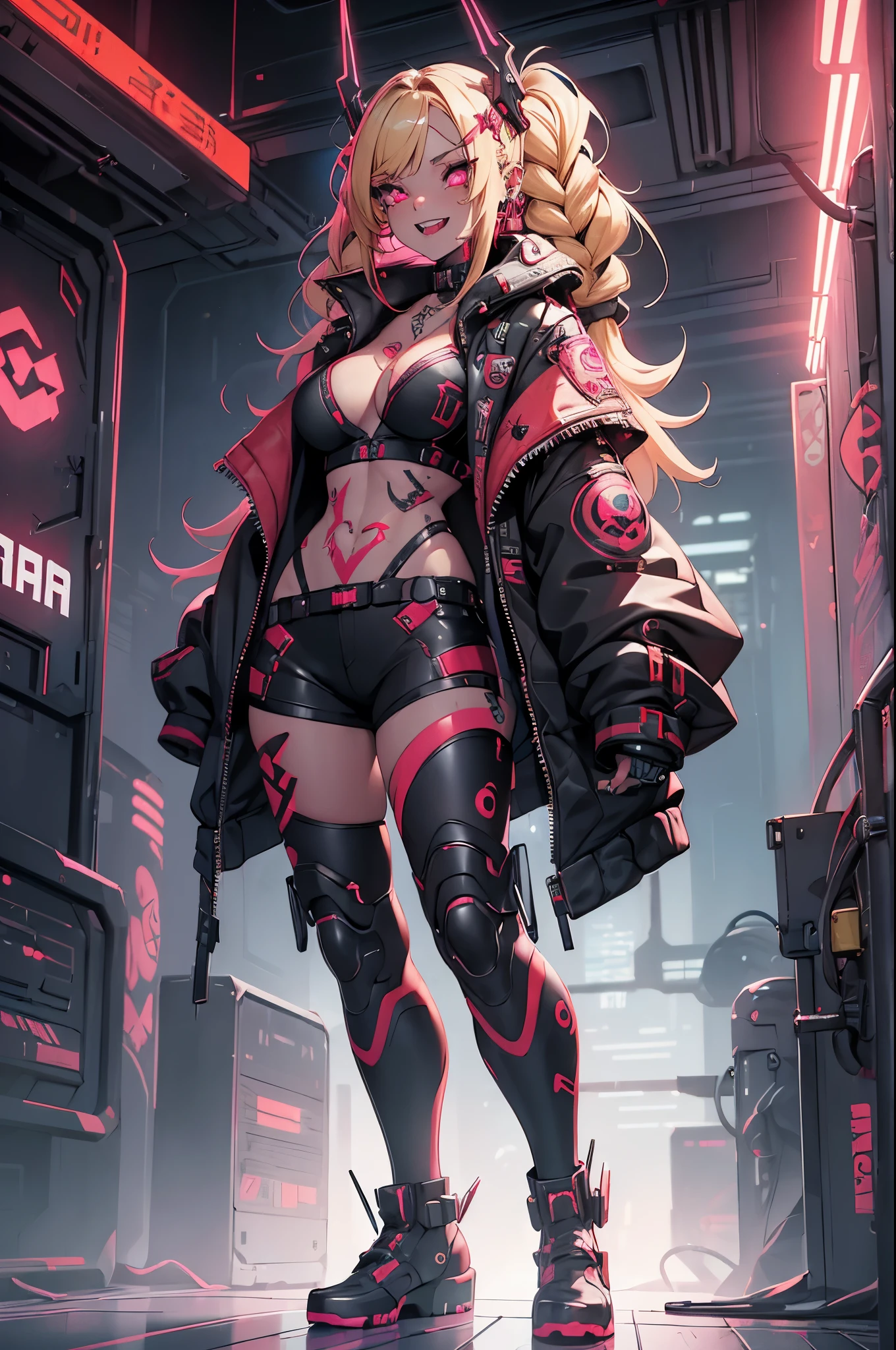 One girl, Rebecca \(cyber punk\), ((full body:1.3)),One Woman, Blonde braids, glowing Red eyes,laugh fearlessly, Leg Tattoos, neck tattoo,  Large Breasts, Black bra, String, Red pupils, Leather Fang, Red eyes, Black jacket, Dynamic Pose,Dynamic Angle,cyber punk,cyber cityscape,