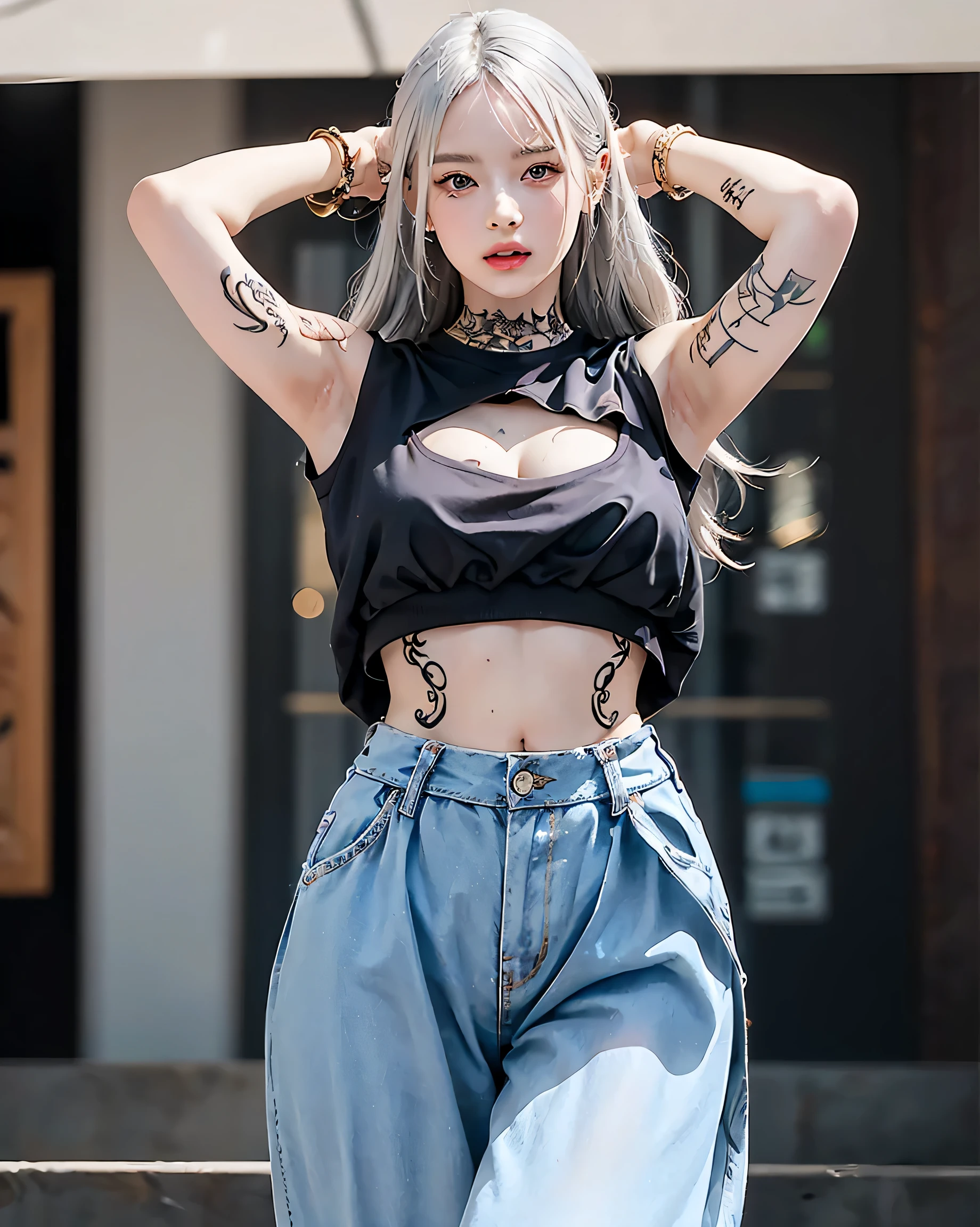 (Browsing Caution:0.7), Perfect Style, Beautiful Face, Highly detailed face and skin texture, (Maximum resolution: 1.2), 1 female,Hip Up, jewelry, (((He has many tattoos all over his body)), Streetwear, Silver Hair, panties, sneakers, (((Tight waist))), ((Big Breasts)),(See-through)