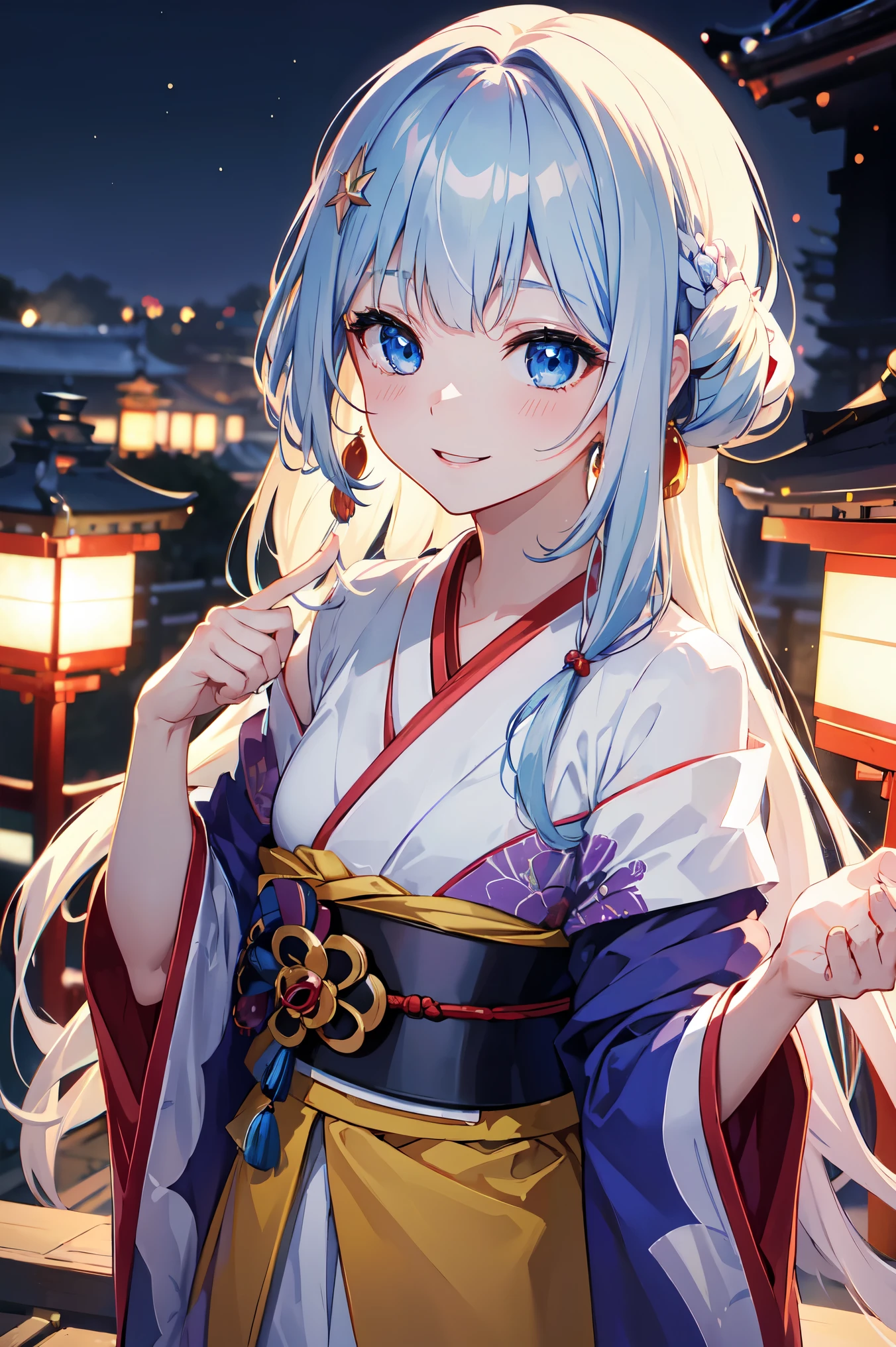 Absurd, Ultra-detailed,Bright colors, Very beautiful and detailed anime faces and eyes, View from the front, ;is, Shiny_skin,Age 25, Long Hair, , Asymmetrical bangs, Shiny髪, iselicate beautiful face, blush、blue eyes, White skin, Barrette, (Recall:1.3)、(Smile:1.3)、Shiny髪、Small earrings、Small Necklace、Brightly colored kimonos、Off the shoulder、(Kyoto at Night:1.4)