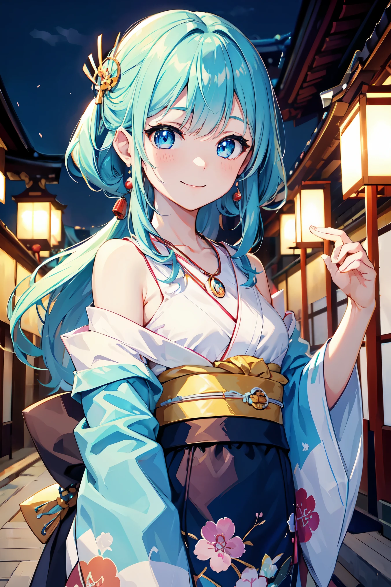 Absurd, Ultra-detailed,Bright colors, Very beautiful and detailed anime faces and eyes, View from the front, ;is, Shiny_skin,Age 25, Long Hair, , Asymmetrical bangs, Shiny髪, iselicate beautiful face, blush、blue eyes, White skin, Barrette, (Recall:1.3)、(Smile:1.3)、Shiny髪、Small earrings、Small Necklace、Brightly colored kimonos、Off the shoulder、(Kyoto at Night:1.4)