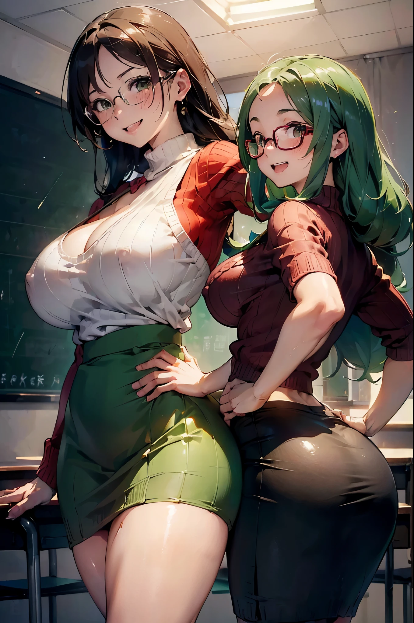 (Perfect body),best quality,(8K Portrait),(official art)、(((((a smile))))、(((forehead)))、open mouth、(((blush))),(Sweat),((((Large Breasts))))、 protrude、((((Big Ass))))、(((obesity)))、(Green Hair),((Long-haired))、(Green Eyes),(((Thick thighs)))、(((Red knitted sweater)))、(((Black pencil skirt)))、(Glasses)、Adult women、Cowboy shooting、((用右手触摸Glasses))、(((Left hand on hip)))、(armpit)、permanent、(((Classroom)))、