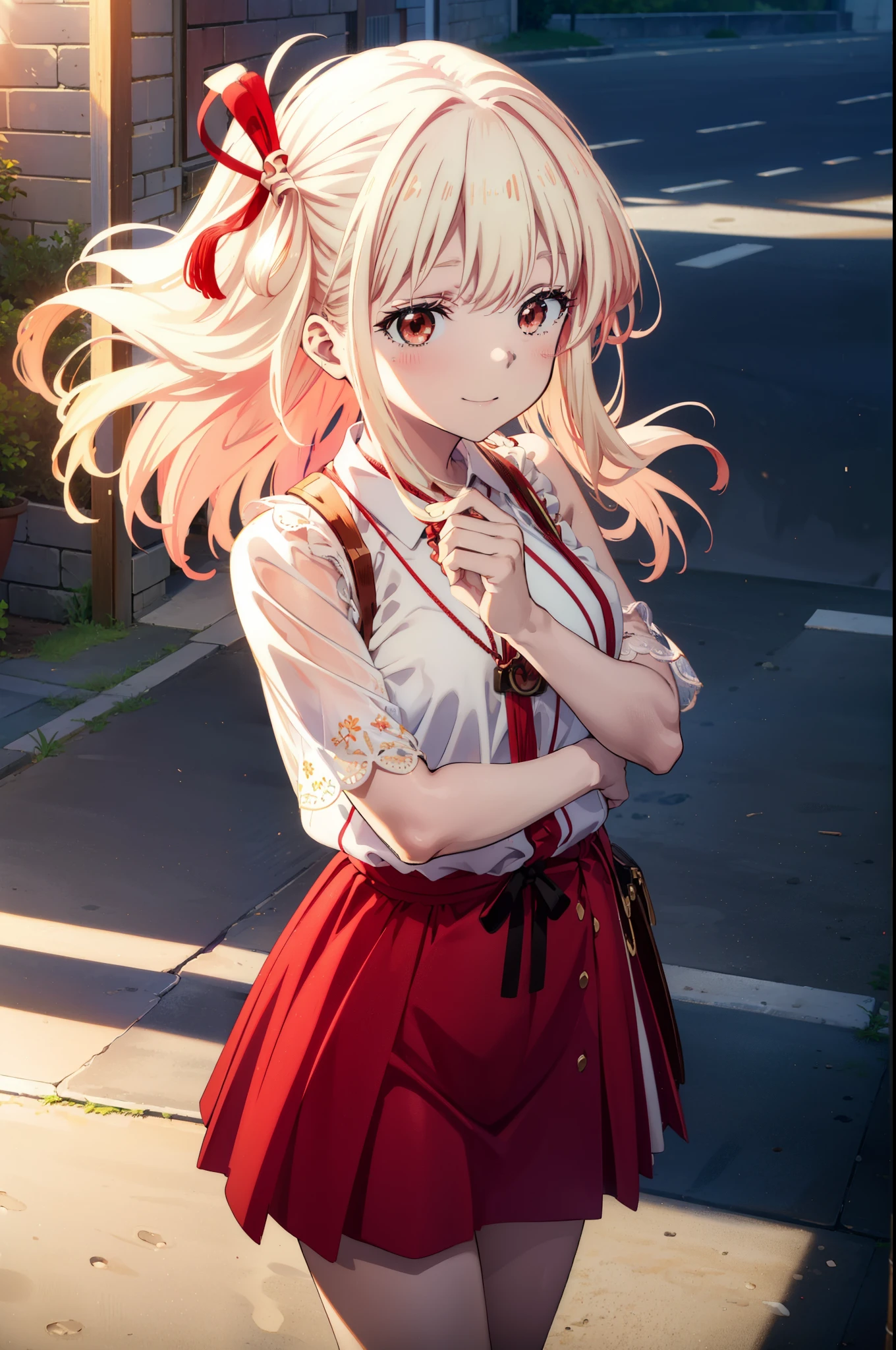 chisatonishikigi, Chisato Nishikigi, Long Hair, bangs, blonde, (Red eyes:1.5), Hair Ribbon, One side up,happy smile, smile, Open your mouth,smile,blush,red long skirt dress,No sleeve,Bare arms,Rocket Pendant,Cute Sandals,White Hat,real summer,sunny,It's as if your whole body is in the illustration., break outdoors, Coastal Road, break looking at viewer, (Cowboy Shot:1.5), break (masterpiece:1.2), highest quality, High resolution, unity 8k wallpaper, (shape:0.8), (Beautiful details:1.6), Highly detailed face, Perfect lighting, Highly detailed CG, (Perfect hands, Perfect Anatomy),