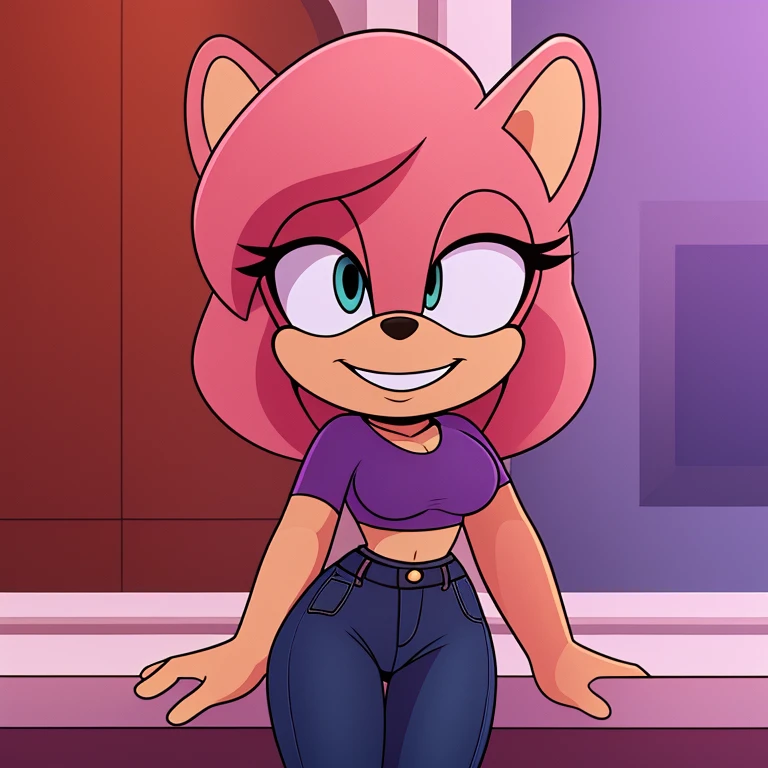 mom tenrec mobian, female mobian, purple shirt, highwasted jeans, mom jeans, royal pink hair, bob cut hair, royal pink fur, (mom body), medium breasts, royal blue eyes, mom, cute smile, outline, Intricate Details, Masterpiece, Best Quality, High Quality, Studio Quality, Best Detail, Perfect Detail, Refine Detail.