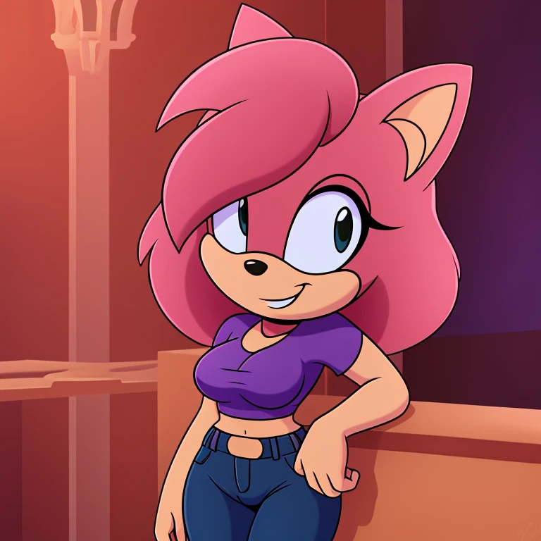 mom tenrec mobian, female mobian, purple shirt, highwasted jeans, mom jeans, royal pink hair, bob cut hair, royal pink fur, (mom body), medium breasts, royal blue eyes, mom, cute smile, outline, Intricate Details, Masterpiece, Best Quality, High Quality, Studio Quality, Best Detail, Perfect Detail, Refine Detail.