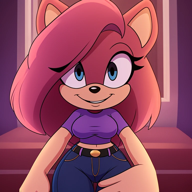 mom tenrec mobian, female mobian, purple shirt, highwasted jeans, mom jeans, royal pink hair, bob cut hair, royal pink fur, (mom body), medium breasts, royal blue eyes, mom, cute smile, outline, Intricate Details, Masterpiece, Best Quality, High Quality, Studio Quality, Best Detail, Perfect Detail, Refine Detail.