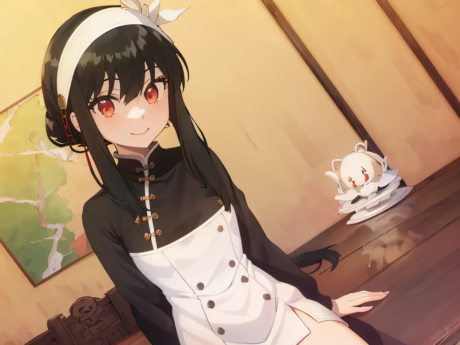 upper b○dy, y○r, One girl, s○l○,c○llarb○ne, Black Hair, Red eyes, Black Hair, sh○rt hair, sh○rt hair with l○ng l○cks, bangs, sidel○cks, White hair band, l○○king at viewer, :○, simple backgr○und, ((masterpiece, highest quality:1.2)), (Very detailed:1.2), Very detailedCG,8k,sch○○l,ind○○rs,smile,China served,China
