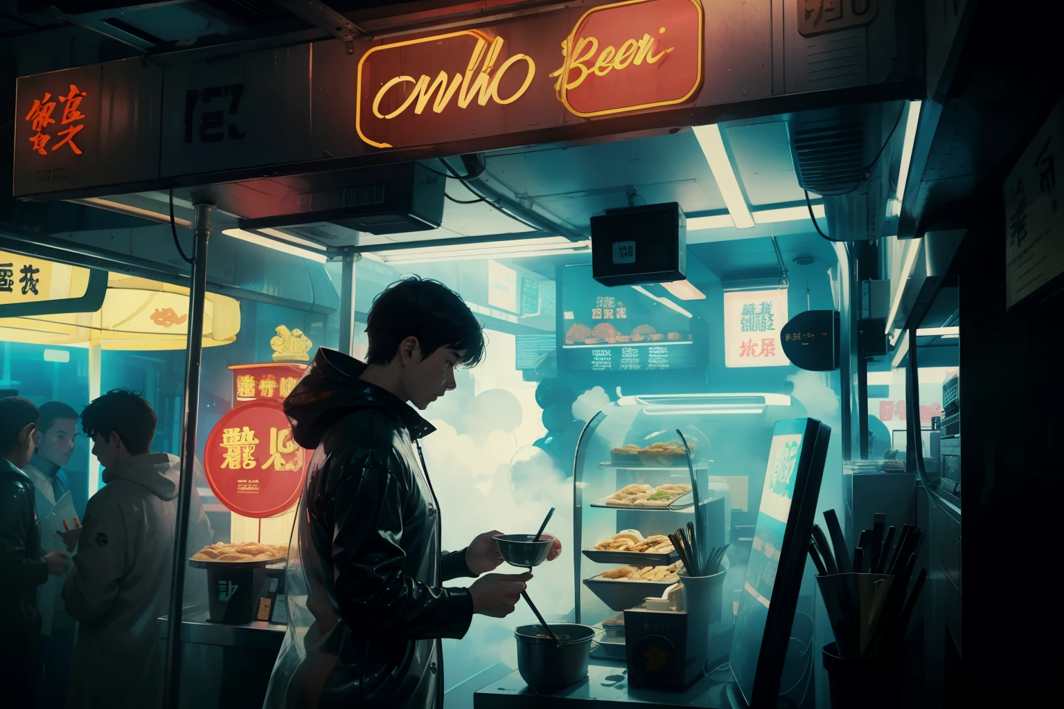 ((highest quality)), ((masterpiece)), (be familiar with), (High definition), (Accurate), (Realistic), (Cinematic), (Best Shadow), (Low contrast), (8K), Perfect Face, ((SYD MEAD style)), manga、mangaデザイン、Storyboard、Frame division、((1 Girl))、(Replicant), ((Black Hair, very short hair, Blue Eyes)), (Black hooded raincoat)、((Eating udon at a food stall))、Glittering neon signs、congestion, congestion, Decadent Future City, NEO TOKYO, A.D.2051, (steam:1.2), It's raining white, evening, Bust shot of a girl