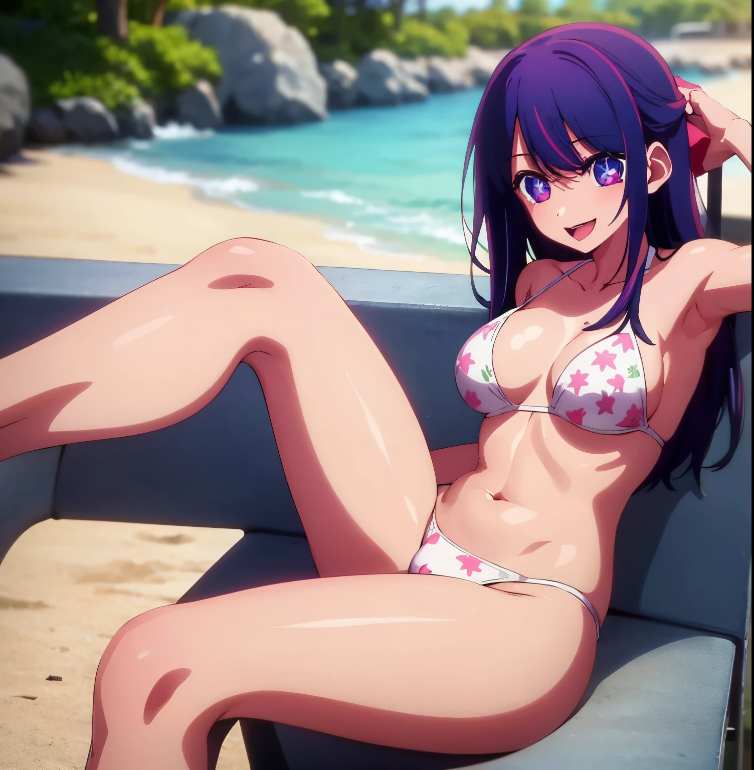 1girl, alone,Ai hoshino,masterpiece, highly detailed, (1 girl in: 1.2), purple hair, swimsuit, purple bikini, yellow star print, bikini print, big eye, close up, smile, 8k, Ai hoshino, Beach,sea, lying on the sand, legs open, big breasts, wide hips, wide thighs, round and thick butt, big breasts, medium waist, wide hips, medium thighs, perfect anatomy, perfect hands
