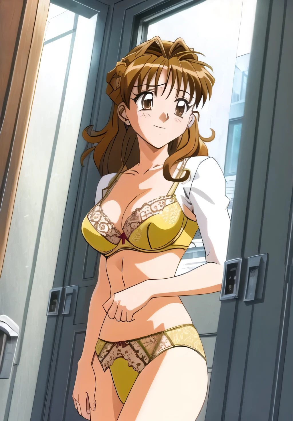 Maron,Browsing Caution,(((Lace Underwear))),((((Wear a lace bra)))),topless,pupil_Brown,Embarrassing, Open your mouth,smile,avert your eyes,((locker room)),masterpiece, expensive_quality, very_expensive_solve, big_file size, Full Color,