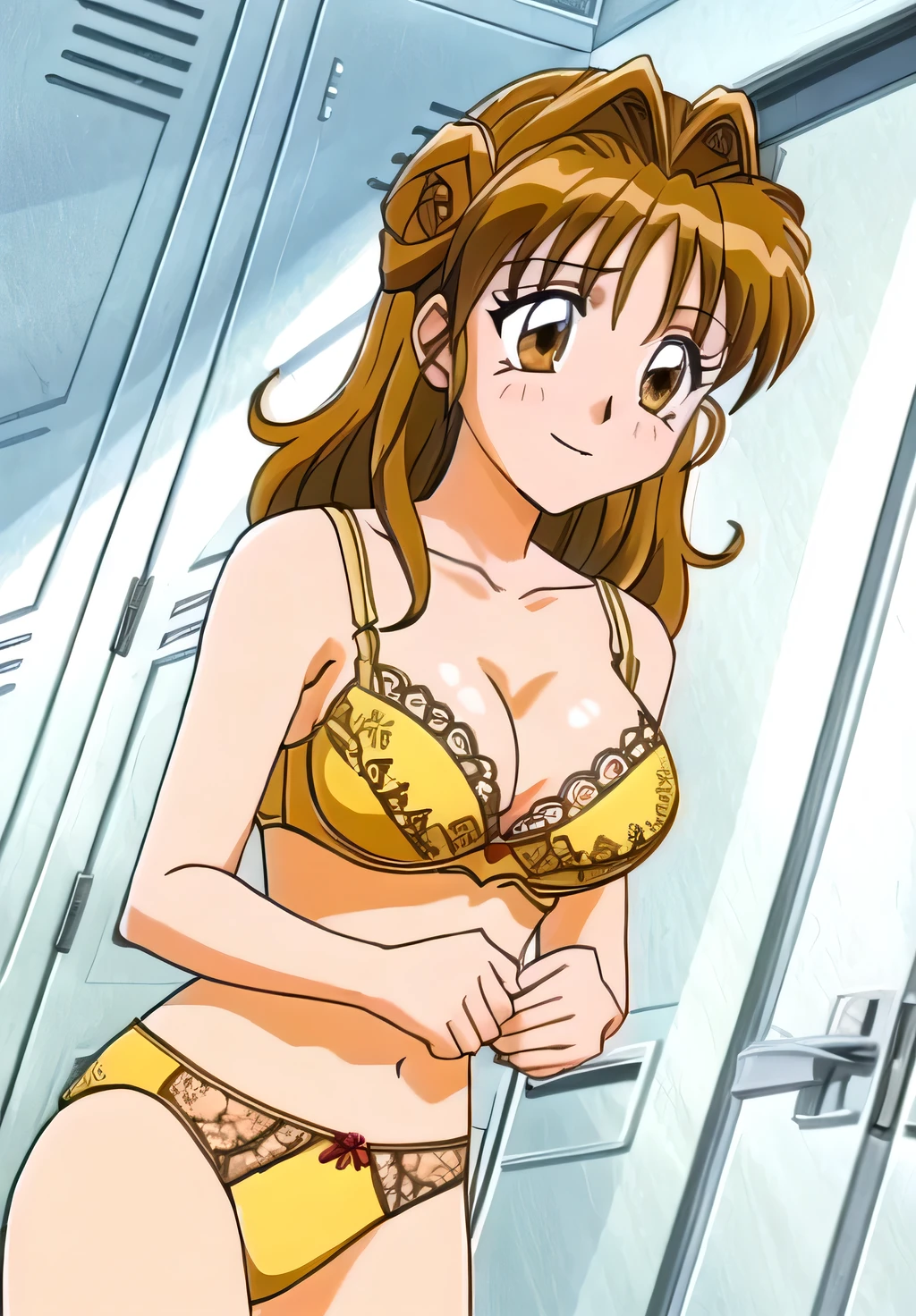 Maron,Browsing Caution,(((Lace Underwear))),((((Wear a lacy bra)))),topless,pupil_Brown,Embarrassing, Open your mouth,smile,avert your eyes,((locker room)),masterpiece, expensive_quality, very_expensive_solve, big_file size, Full Color,