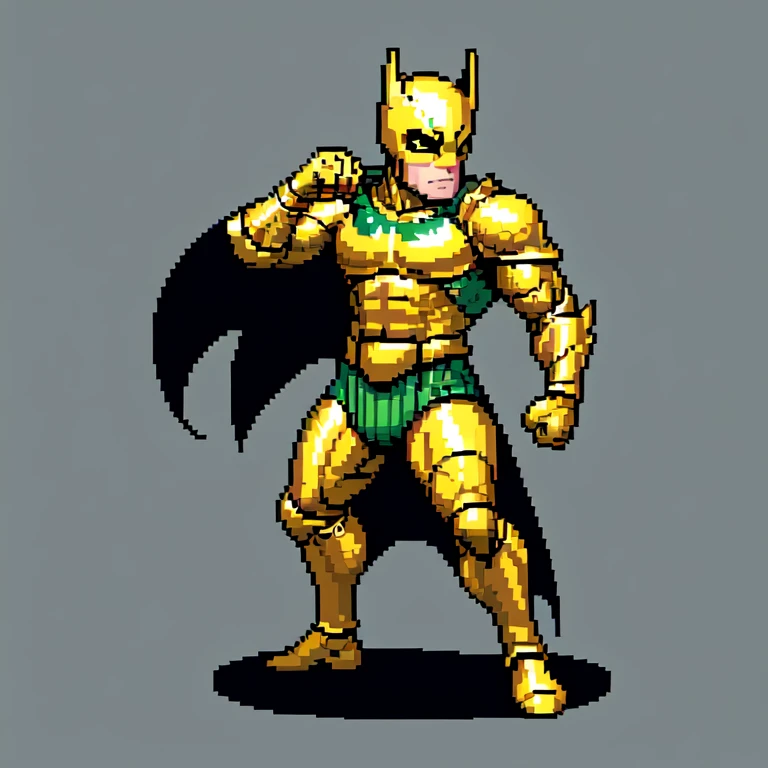 (masterpiece, top quality, best quality), pixel,pixel art,1man,golden and green armor,batman,punch power,full body,