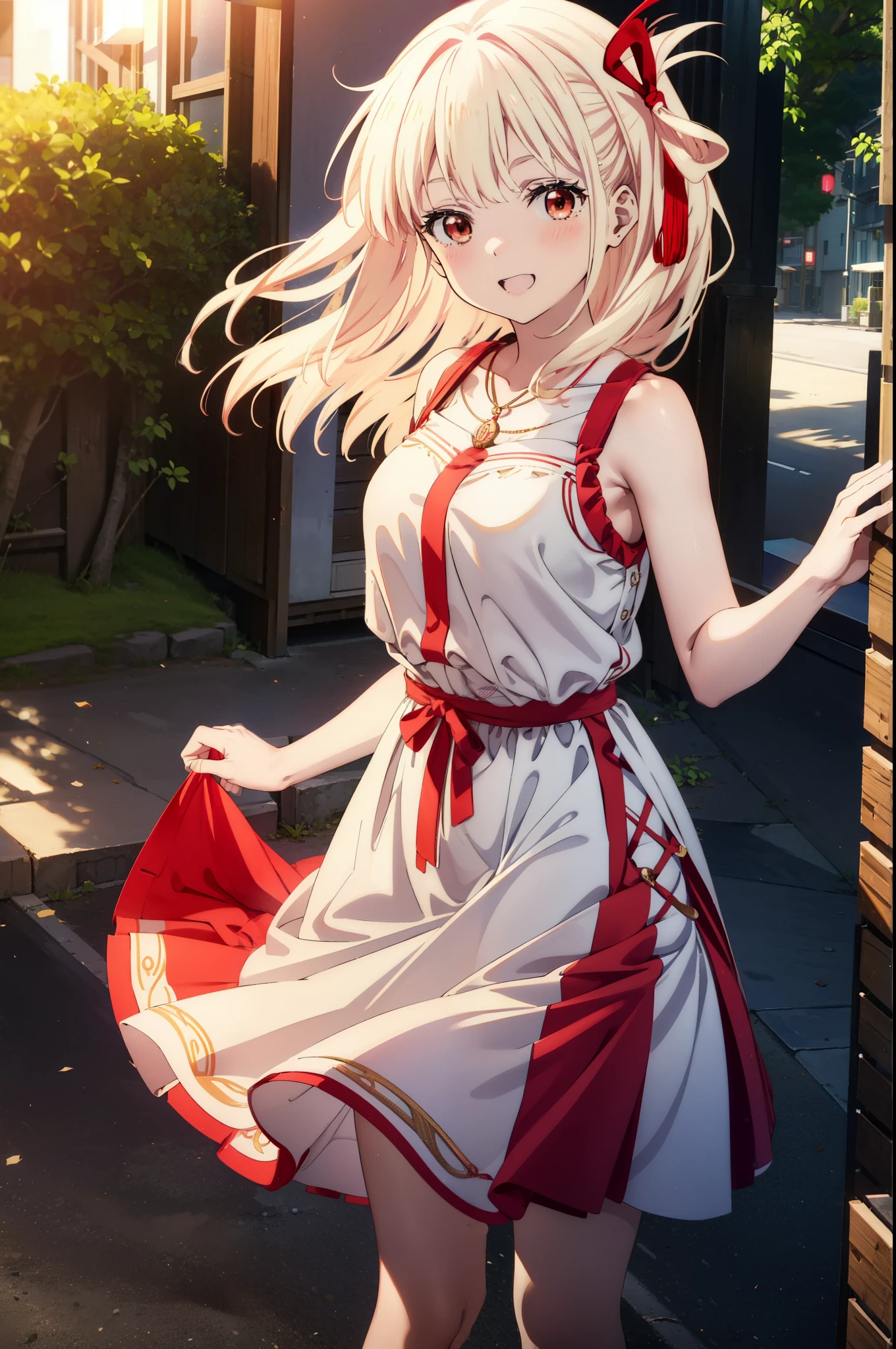 chisatonishikigi, Chisato Nishikigi, Long Hair, bangs, blonde, (Red eyes:1.5), Hair Ribbon, One side up,happy smile, smile, Open your mouth,smile,blush,Red sleeveless dress,White long skirt,Bare arms,Rocket Pendant,Cute Sandals,White Hat,real summer,sunny,It&#39;s as if your whole body is in the illustration., break outdoors, Coastal Road, break looking at viewer, (Cowboy Shot:1.5), break (masterpiece:1.2), highest quality, High resolution, unity 8k wallpaper, (shape:0.8), (Beautiful details:1.6), Highly detailed face, Perfect lighting, Highly detailed CG, (Perfect hands, Perfect Anatomy),