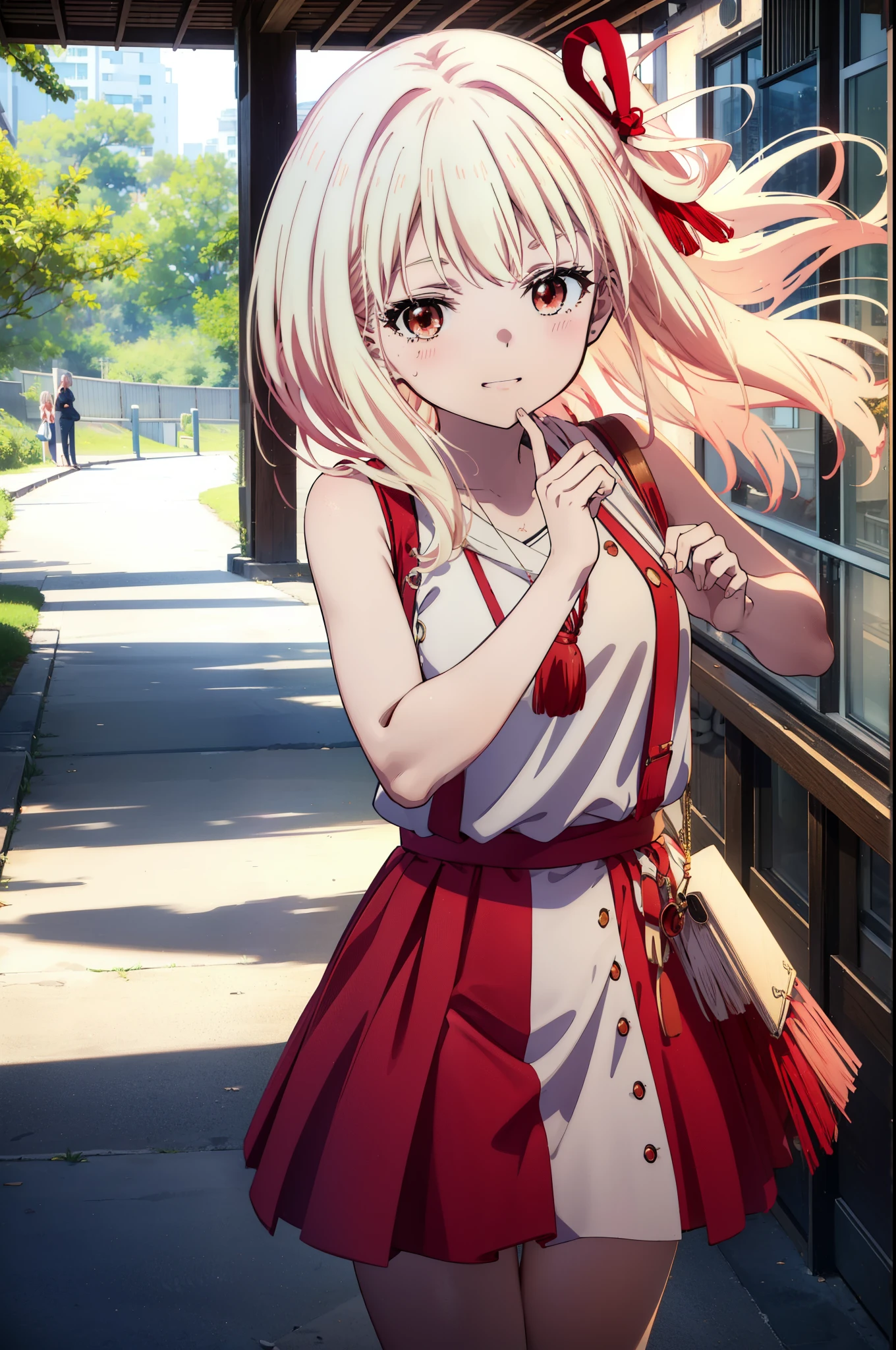 chisatonishikigi, Chisato Nishikigi, Long Hair, bangs, blonde, (Red eyes:1.5), Hair Ribbon, One side up,happy smile, smile, Open your mouth,smile,blush,Red sleeveless dress,White long skirt,Bare arms,Rocket Pendant,Cute Sandals,White Hat,real summer,sunny,It's as if your whole body is in the illustration., break outdoors, Coastal Road, break looking at viewer, (Cowboy Shot:1.5), break (masterpiece:1.2), highest quality, High resolution, unity 8k wallpaper, (shape:0.8), (Beautiful details:1.6), Highly detailed face, Perfect lighting, Highly detailed CG, (Perfect hands, Perfect Anatomy),