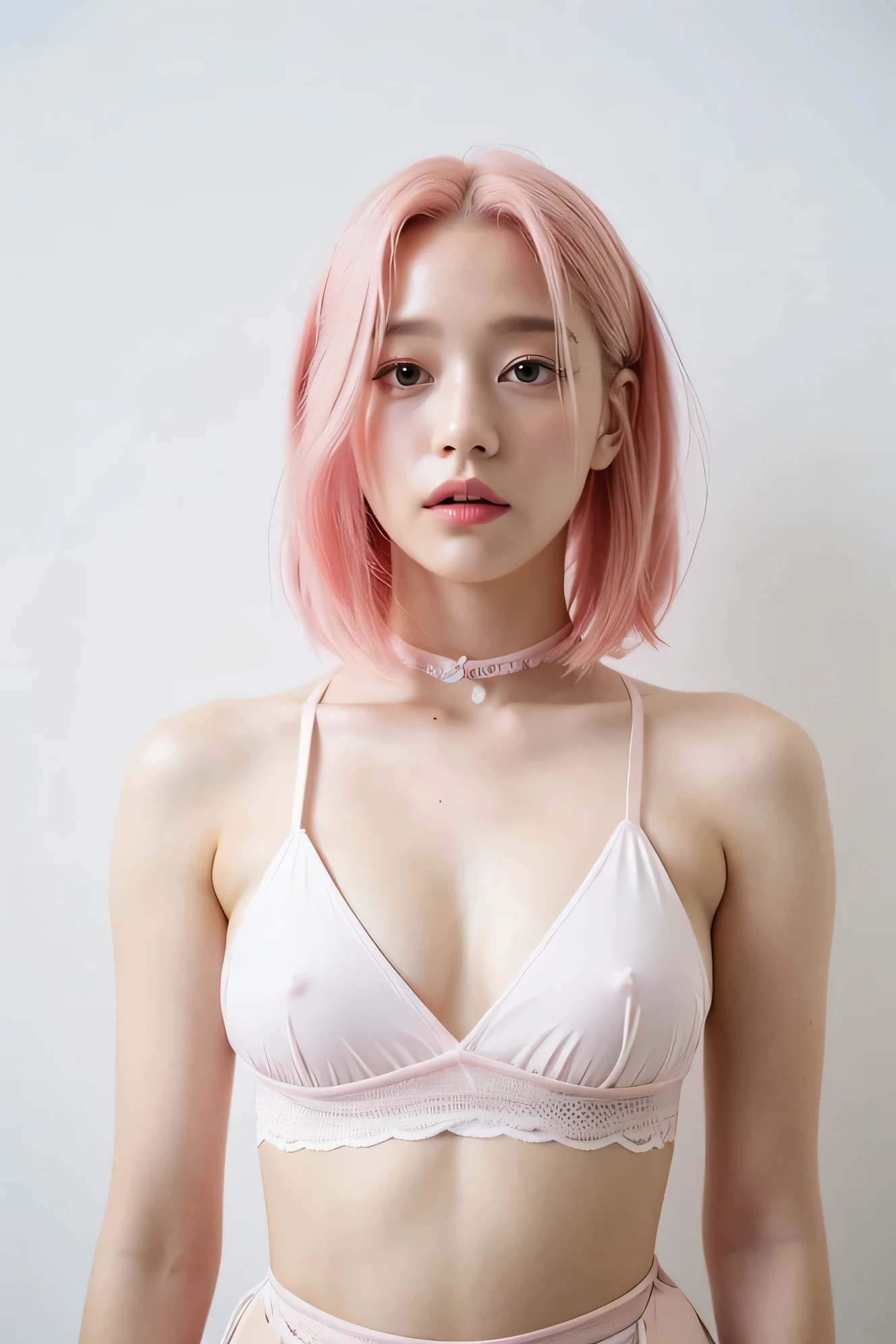 arafed woman with pink hair and a choker posing for a picture, pink hair, with pink hair, light pink hair, pink body harness, pink wispy hair, flowing pink hair, dyed hair, colored hair, pastel hair, pink vibe, bright hair, pink body, pink girl, pink halter top, bubblegum hair, long pink hair, short pink hair, medium size , white low-key transparent top, nipple pressing