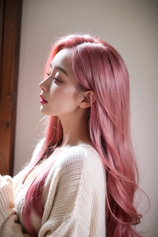 ((highest quality))、((photograph))、((Her hair is pink))((Hot pink long hair))、(long hair of bright pink color,)、((Close ~ eyes))、indoor、A white sweater with a wide neckline、profile、