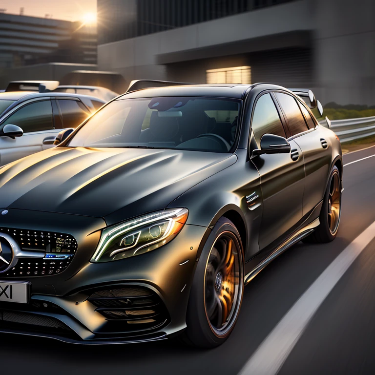 A Mercedes Benz amg serie black driving on a Urban Circuit, Racing tracks, Racing race logo, Green metal body, Glass Windows, Metal Reflection, Urban Circuit, High-rise buildings, Sunset, photography, Art Station Trend, Clear focus, Intricate details, High Detail, Ambient Light, Ray Tracing