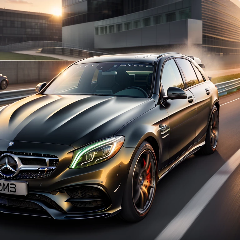 A Mercedes Benz amg serie black driving on a Urban Circuit, Racing tracks, Racing race logo, Green metal body, Glass Windows, Metal Reflection, Urban Circuit, High-rise buildings, Sunset, photography, Art Station Trend, Clear focus, Intricate details, High Detail, Ambient Light, Ray Tracing