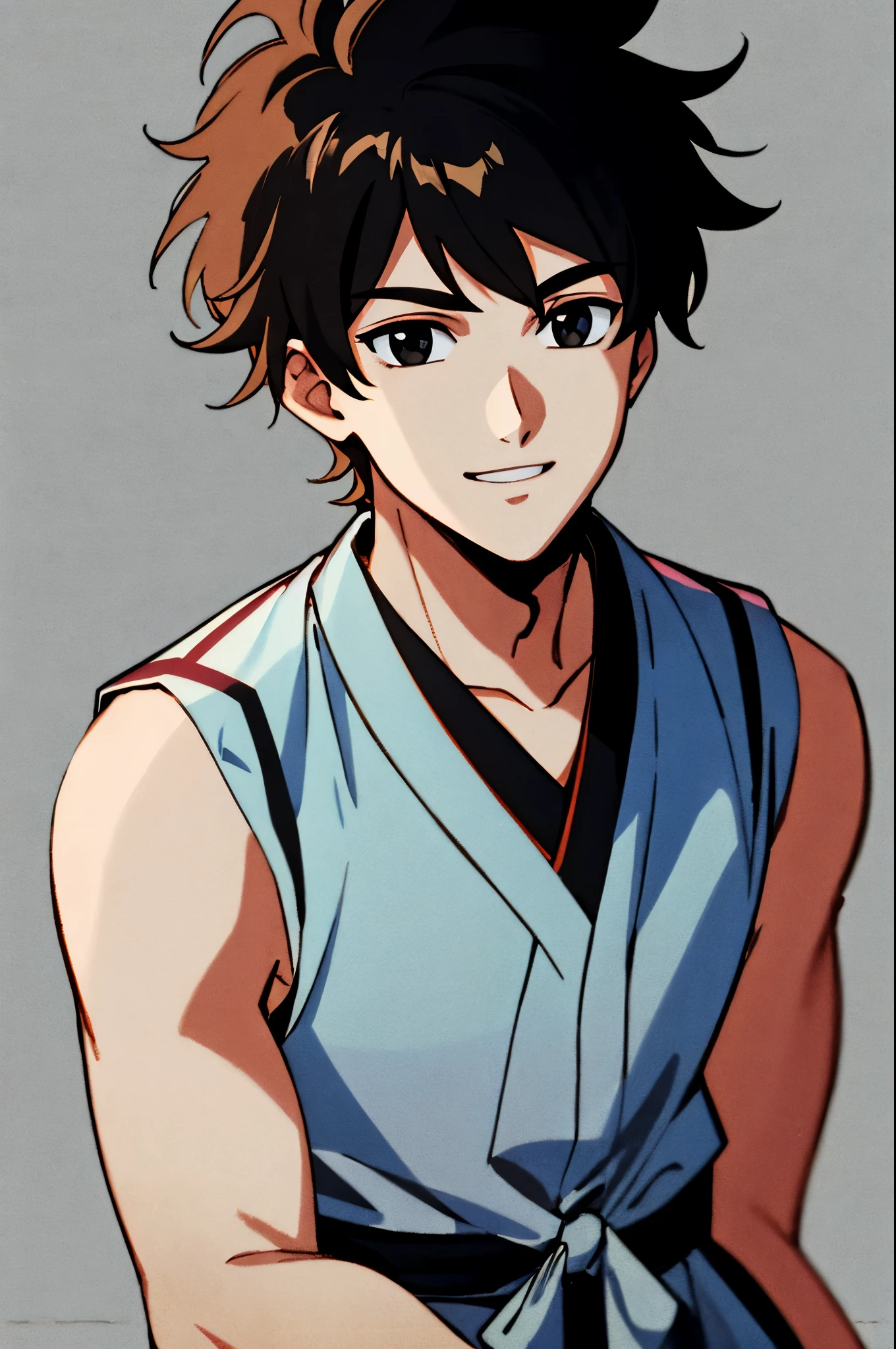 masterpiece, best quality, cel shaded, bright colors, 1boy, solo, male focus, young boy, black hair, messy hair, black eyes, youthful smile, healthy pale skin, strong frame, sleeveless brown kimono, looking at viewer, staring straight ahead, upper body shot, simple background