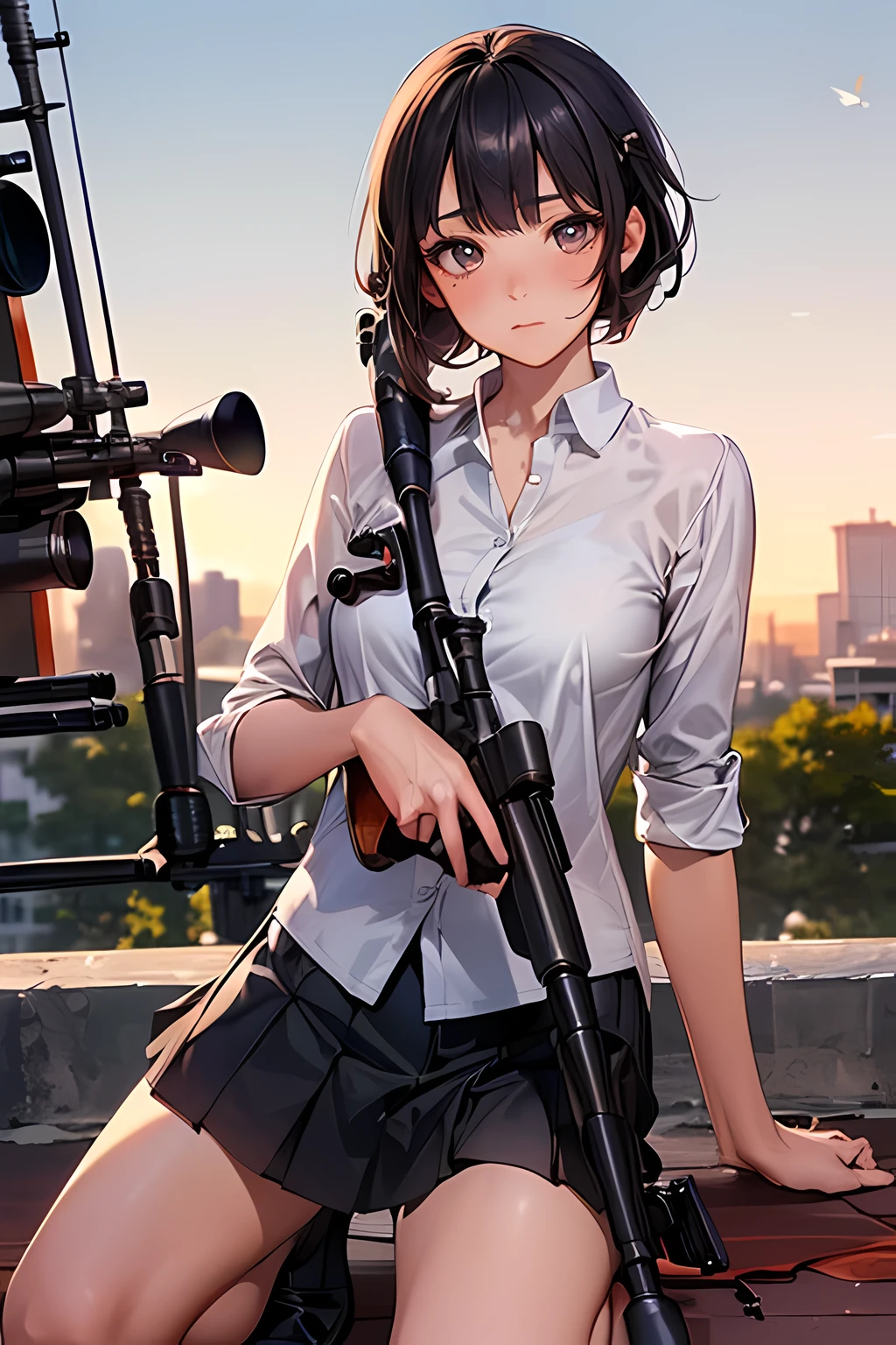 (((Accurate and detailed depiction of a sniper rifle:1.7))),(((perfect ???????:1.4,realistic:1.4,RAW Photography:1.4,masterpiece、highest quality、Ultra - High resolution、High resolution、Highly detailed CG、8K))),cowboy shot,1 female,solo、18 year old beauty,Japanese,((beautiful detailed face and eyes:1.3,big gorgeous eyes:1.3,gray eyes)),black hair,short bob hair,blunt bangs,blush,(medium breasts,slender body,small head:1.3,skinny),(gleaming skin:1.4,oily skin,shiny skin),(White collared shirt、Pleated black mini skirt)、((Look into the sight:1.5,holding 1 sniper gun:1.5,shooting:1.5))、Gun sniper stance:1.5、kneeling,High-rise building rooftop、at night、moonlight,