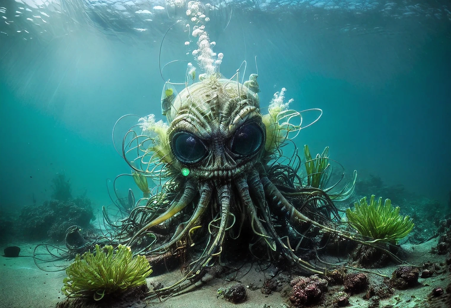 (POV):1.5055, (underwater diving on an unknown alien planet):1.4, diving, (previously unseen and unknown algae and corals of the alien ocean):1.6245, difficult, detailed, science fiction, biological fiction, ufology, unknown species of flora and fauna, documentary, (first person view)1.5