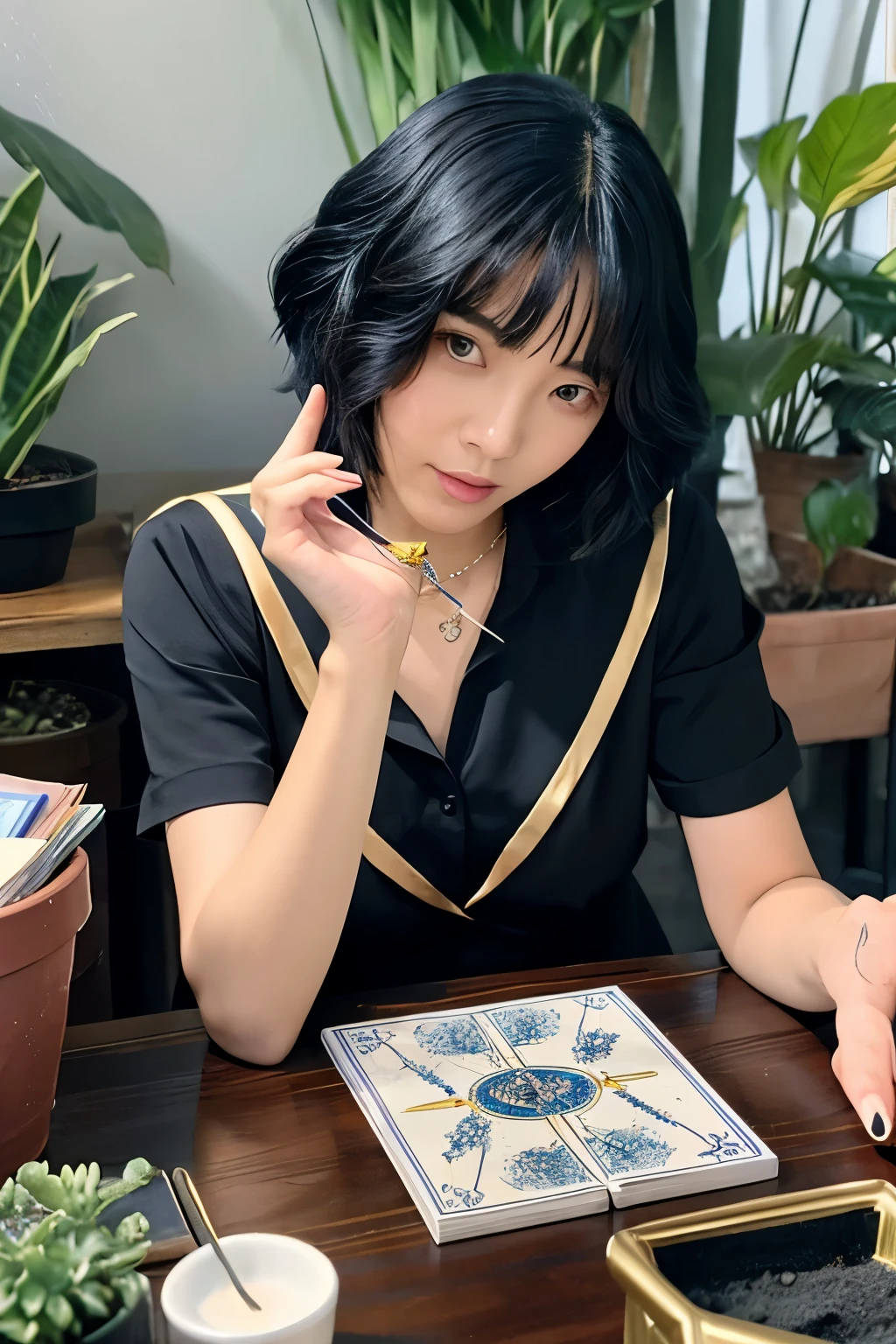 Asian、Black Hair、Medium Bob、Holding a tarot card in hand、mysterious、Age is 30s、Sitting at a desk、The crystal is on the desk、There are potted plants nearby、