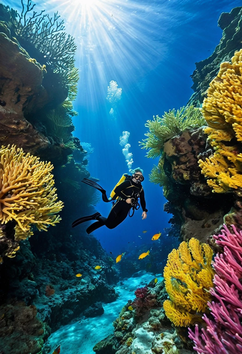 diver, underwater, deep sea exploration, colorful marine life, coral reefs, clear water, sunlight rays, scuba gear, diving suit, oxygen tank, underwater photography, marine biodiversity, aquatic plants, underwater caves, tropical fish, graceful movements, peaceful and serene atmosphere, gentle ocean currents, weightless sensation, diving adventure, professional underwater photography, vibrant and vivid colors, realistic underwater scenery, detailed textures, breathtaking sight. (best quality, highres), (vibrant colors, vivid colors), (realistic:1.37), (underwater photography), (serene atmosphere), (professional)